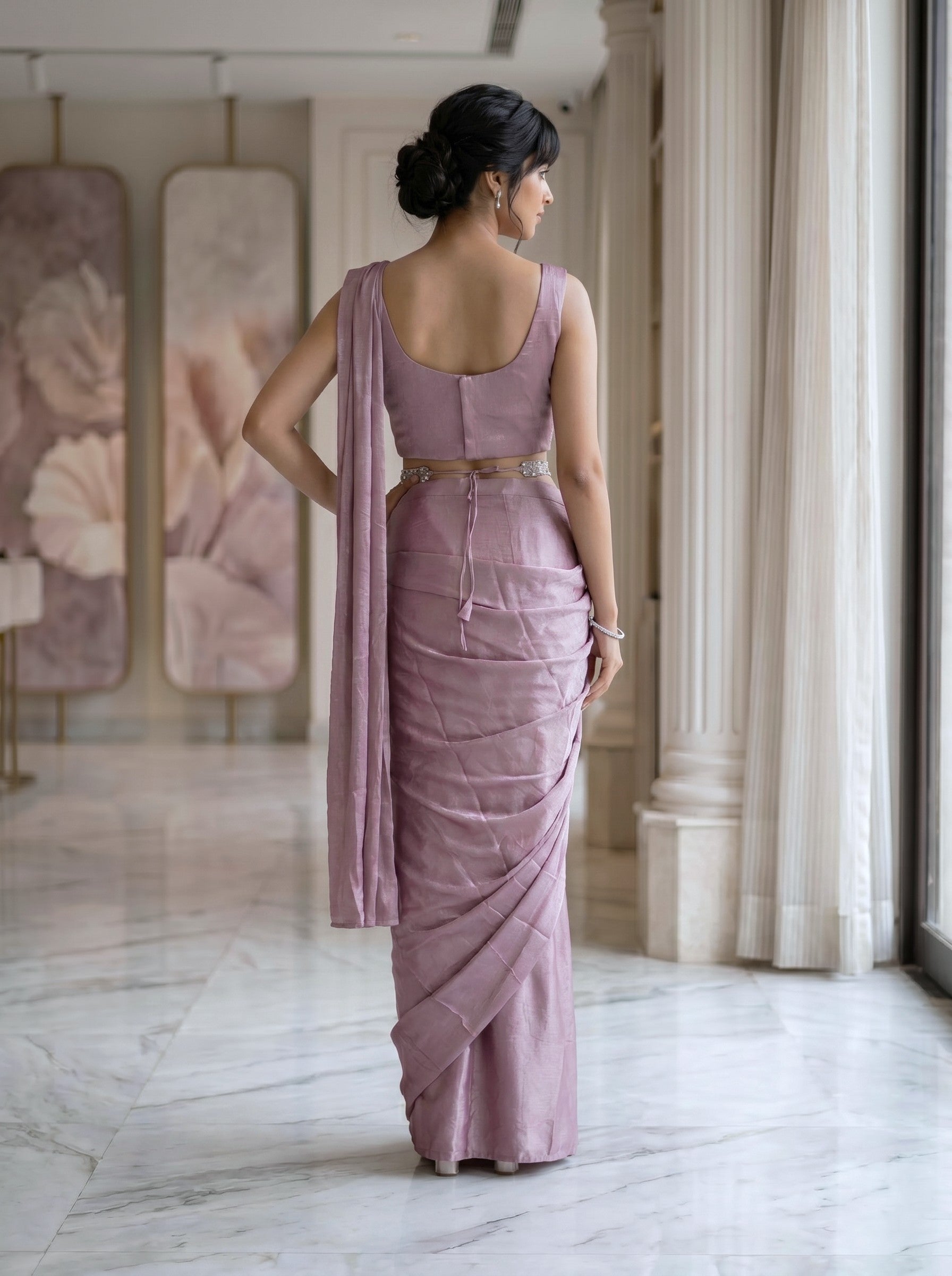 Jimmy Choo Light Pink Ready-to-Wear Designer Saree with Heavy Embroidered Blouse