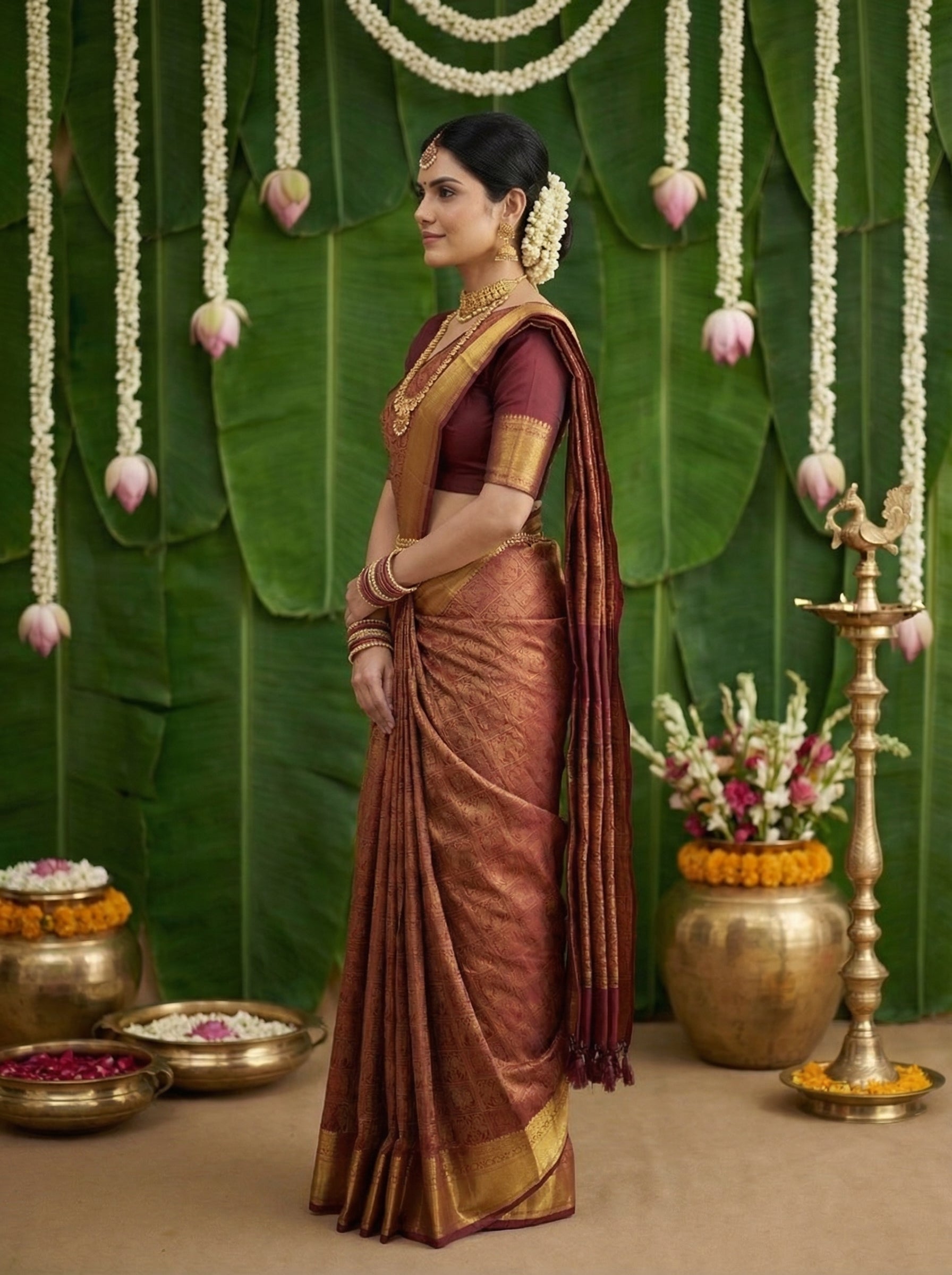 Kanjivaram Silk Wine Gold Brocade Bridal Saree