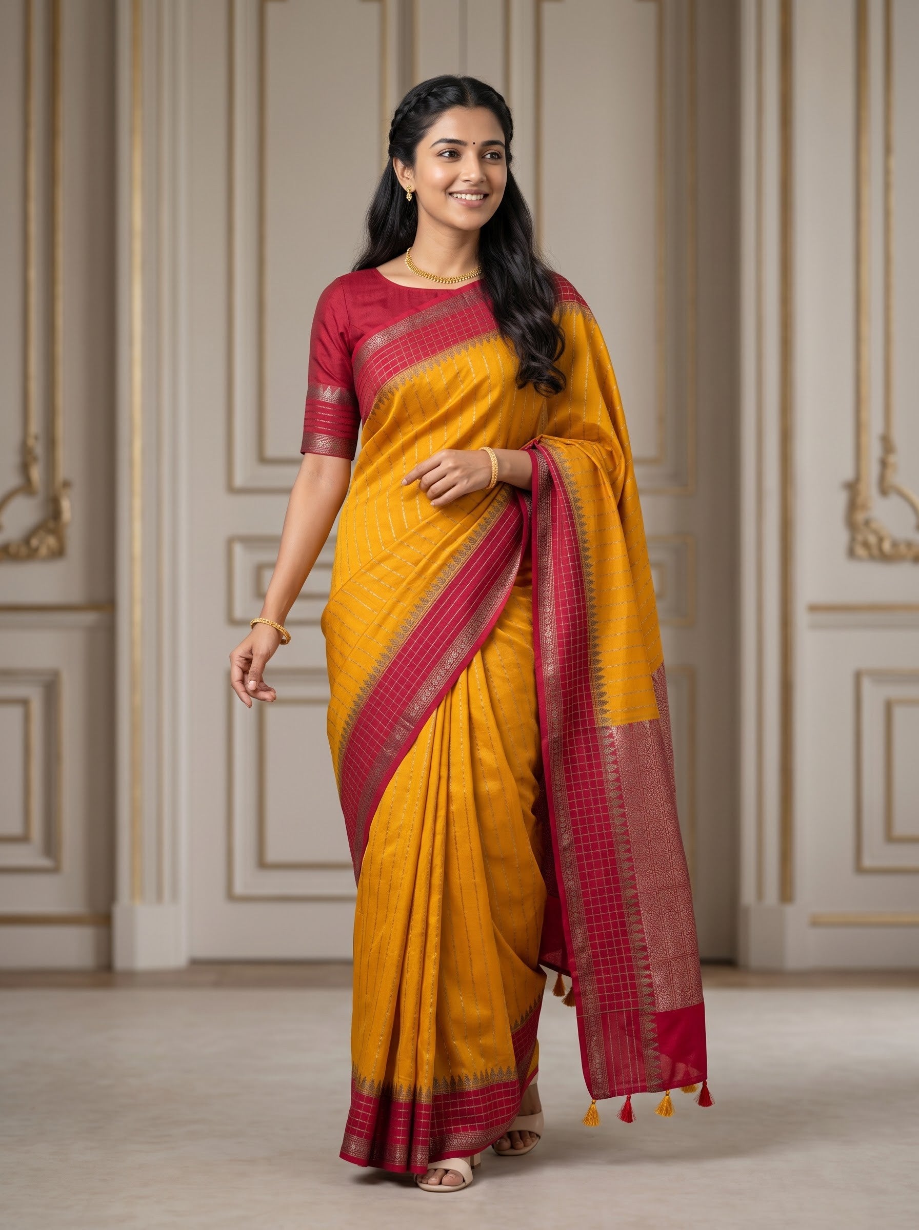 Semi Silk Mustard Saree with Red Temple Border and Zari Woven Pallu