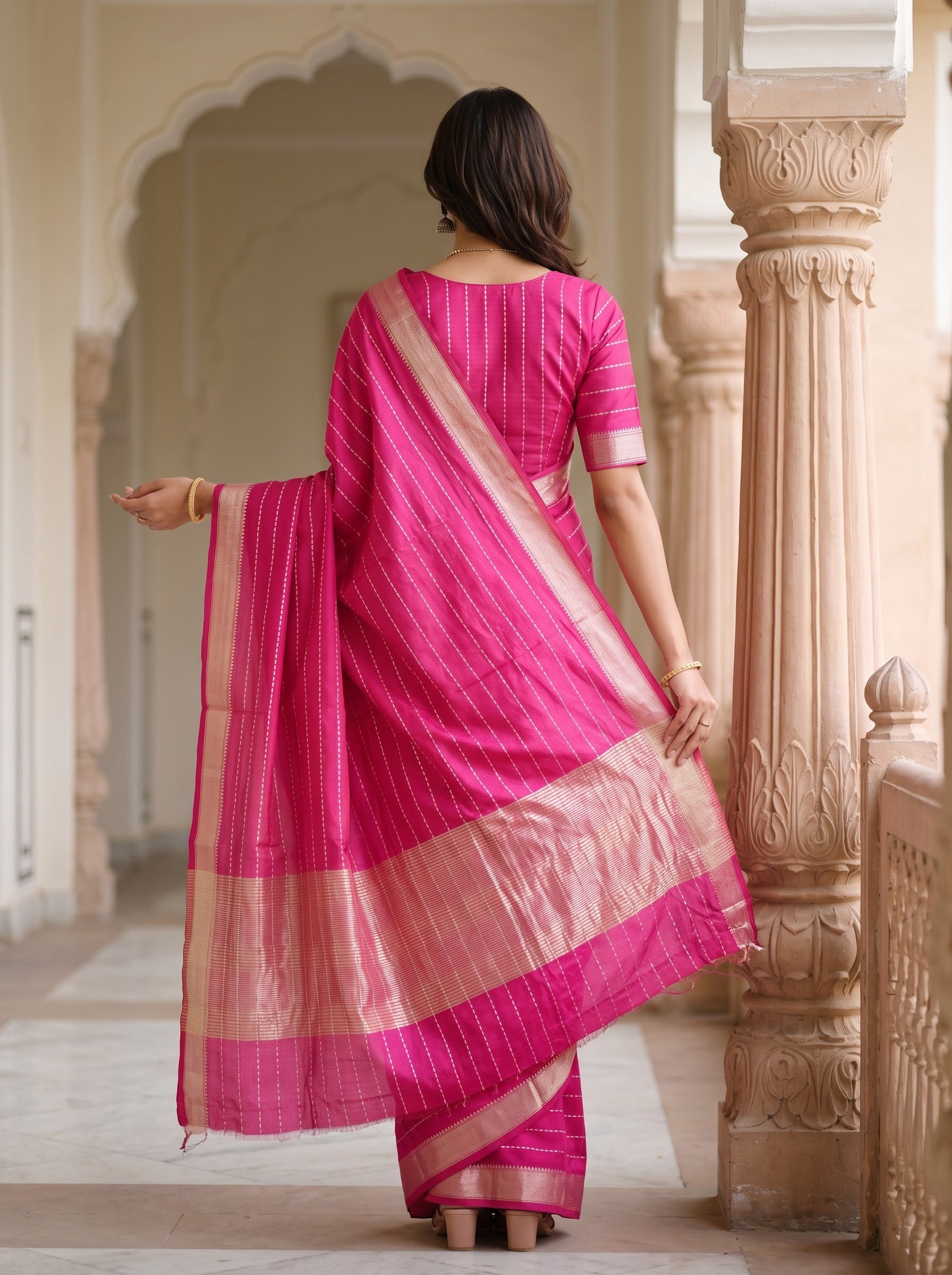 Semi Silk Hot Pink Pinstripe Saree with Golden Zari Woven Pallu