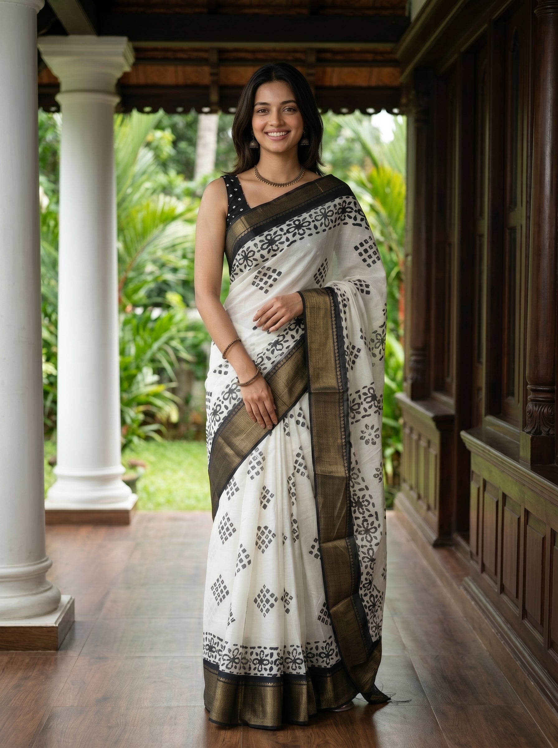 Woman in a white saree with black patterns standing in a traditional setting.