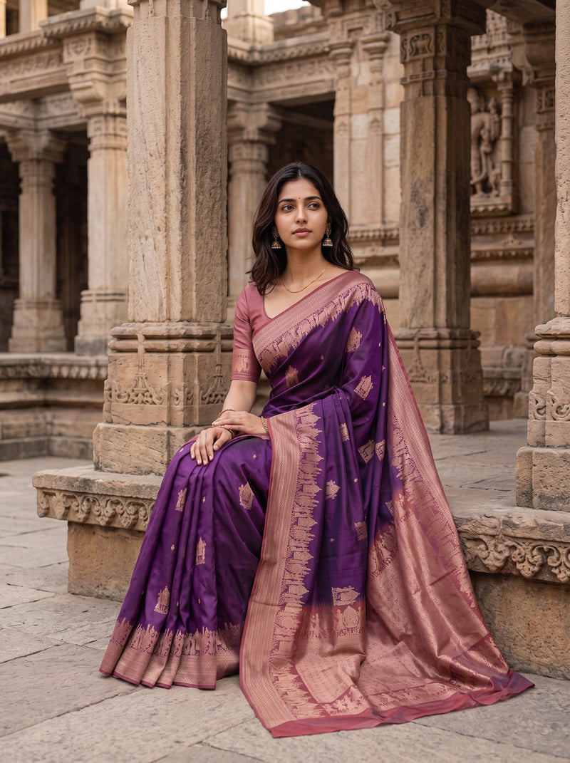 A woman wearing a purple and dusty pink silk saree with gold zari embroidery, seated on stone steps in front of ancient pillars.