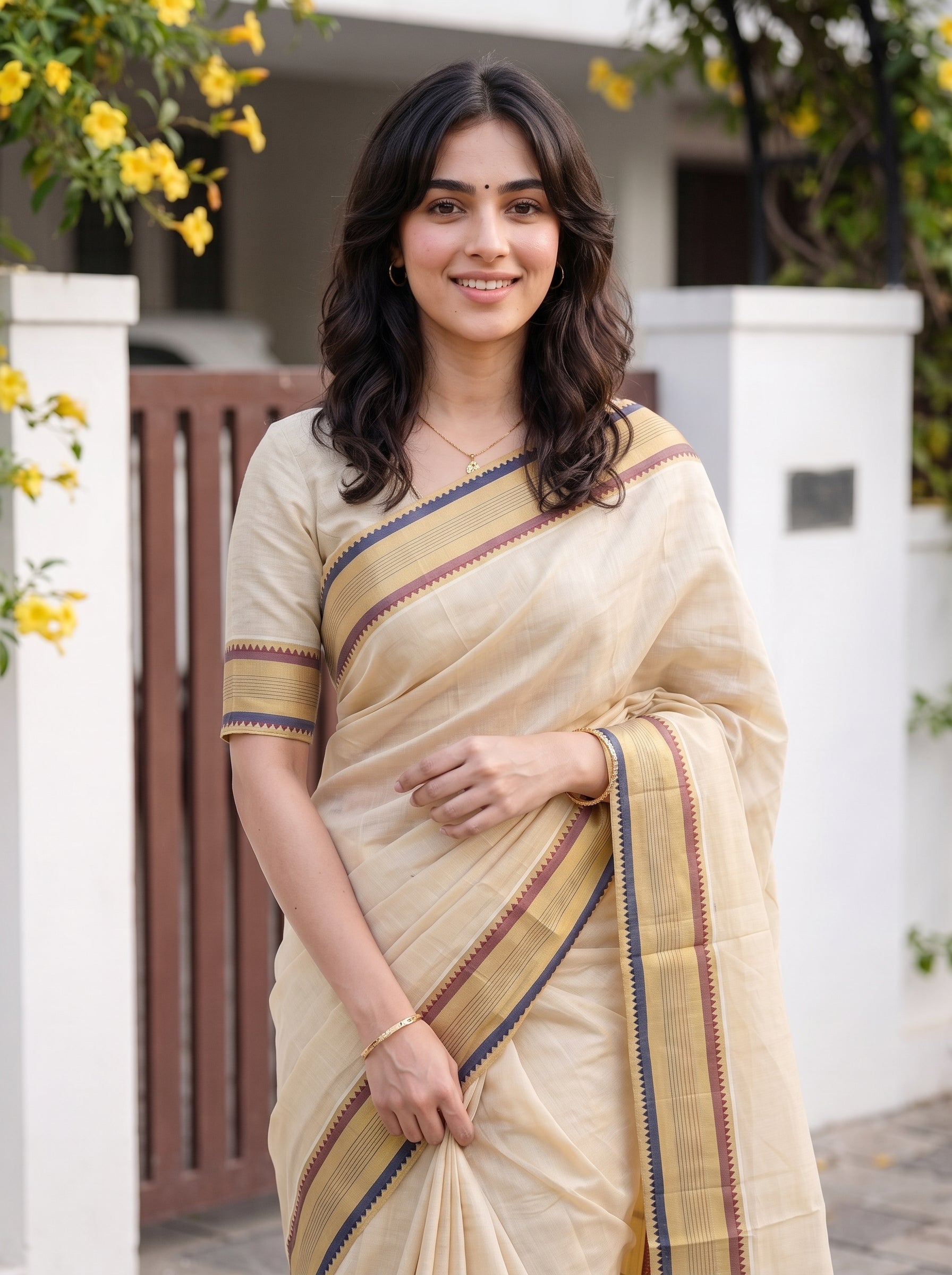 A woman wearing a light beige cotton saree with blue and red striped borders, standing outdoors in front of a white wall and brown gate.