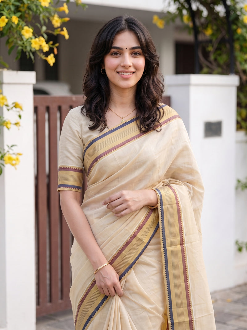 A woman wearing a light beige cotton saree with blue and red striped borders, standing outdoors in front of a white wall and brown gate.