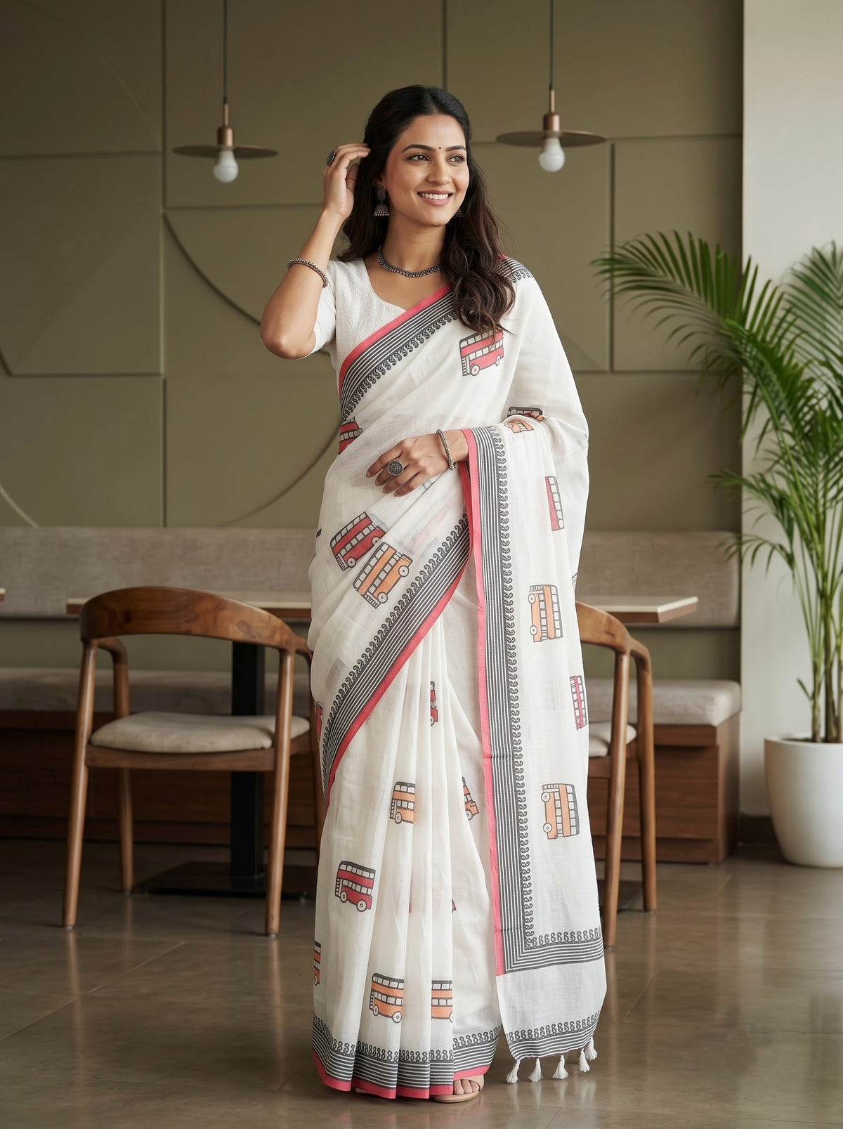 Cotton Saree in Off-White with Cartoon Bus Motifs and Paisley Trim