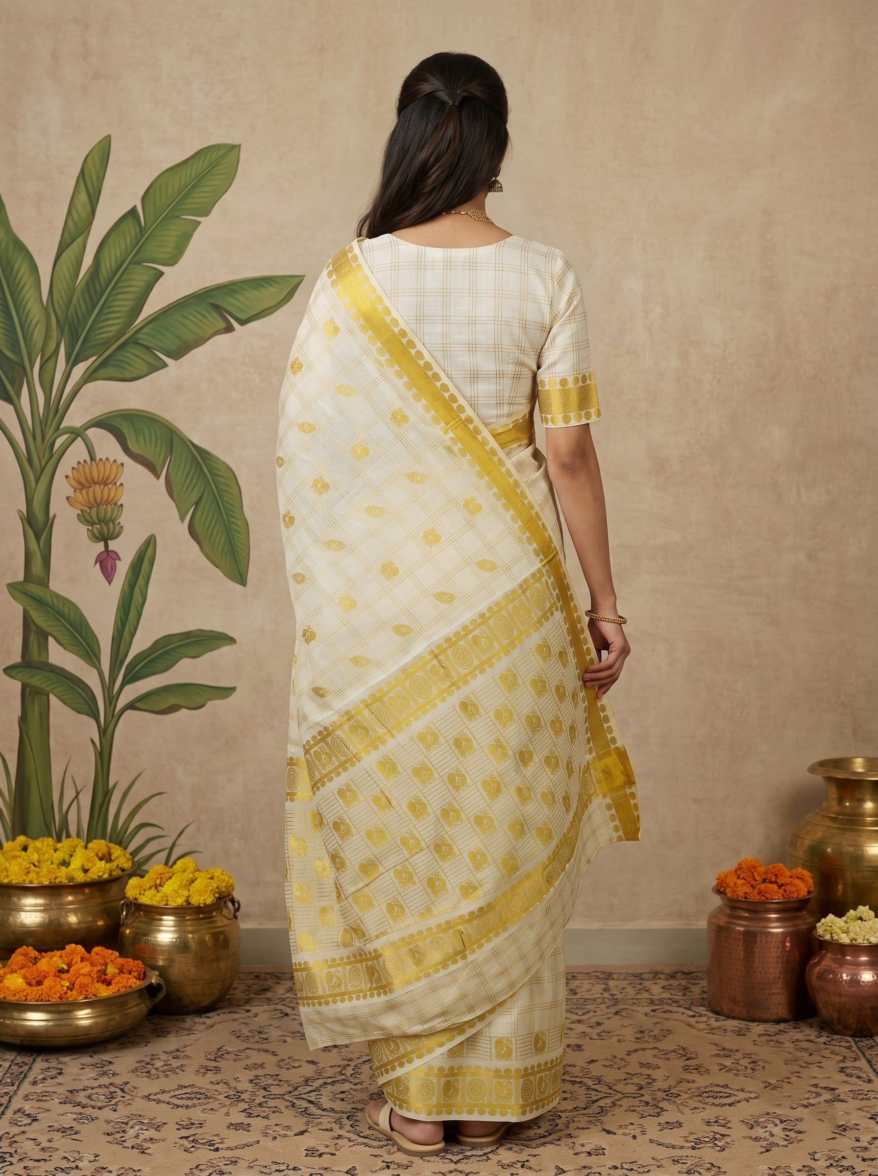 Cotton Cream Checkered Peacock Print with Golden Border Onam Special Kerala Saree