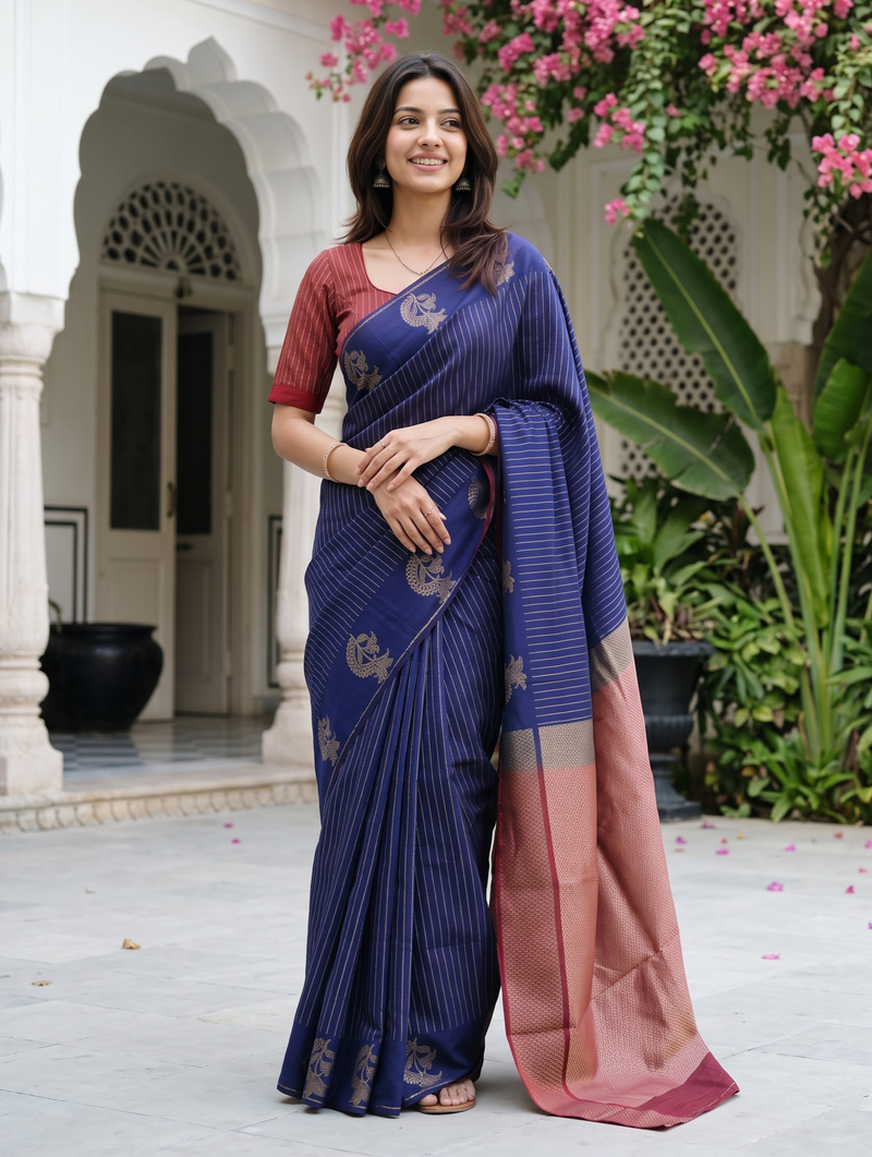 A woman wearing a navy blue and pink saree with a red blouse, standing in a courtyard with white arches and pink flowers.