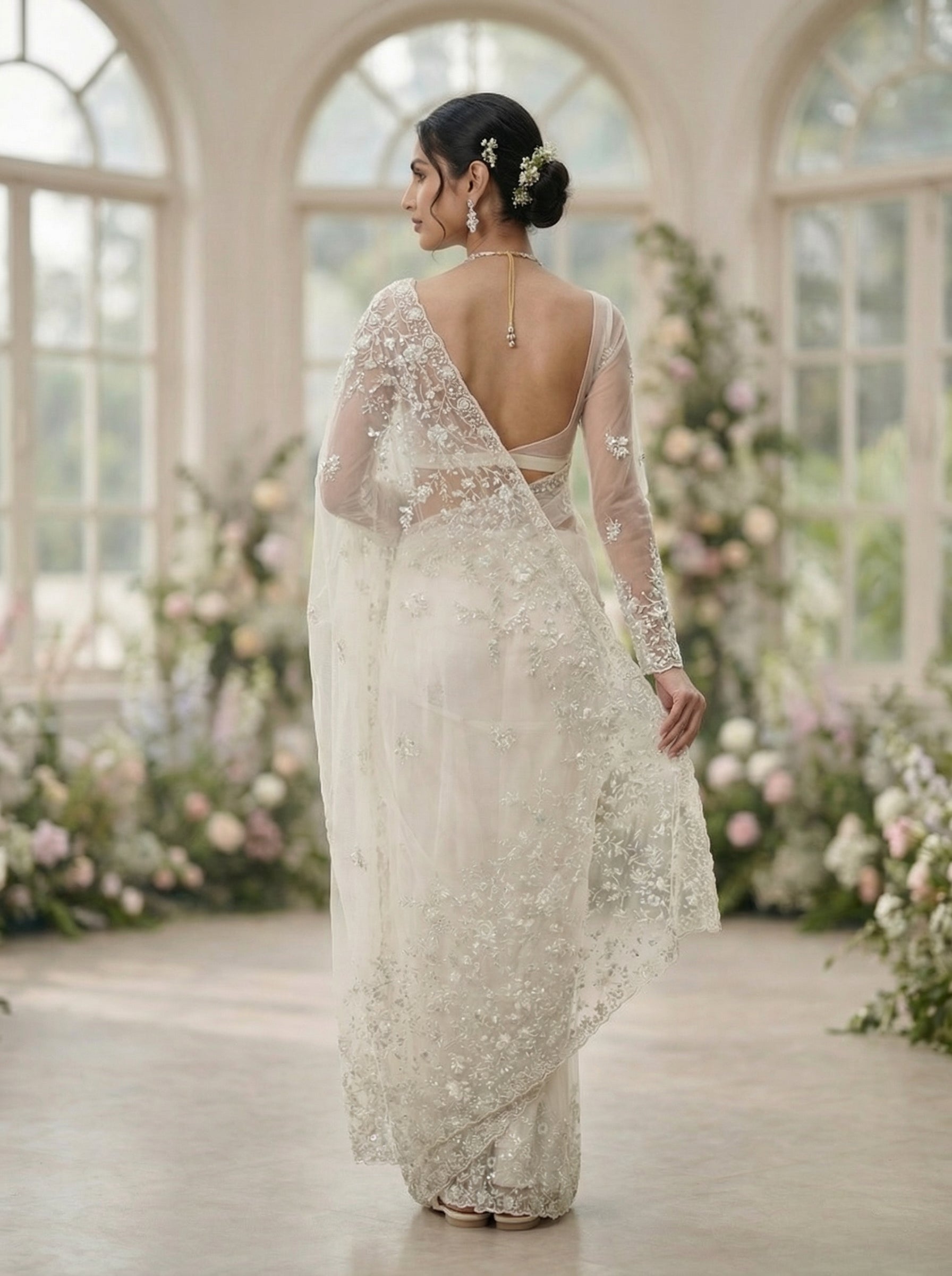 Net Off White Floral Sequence Embroidery Saree