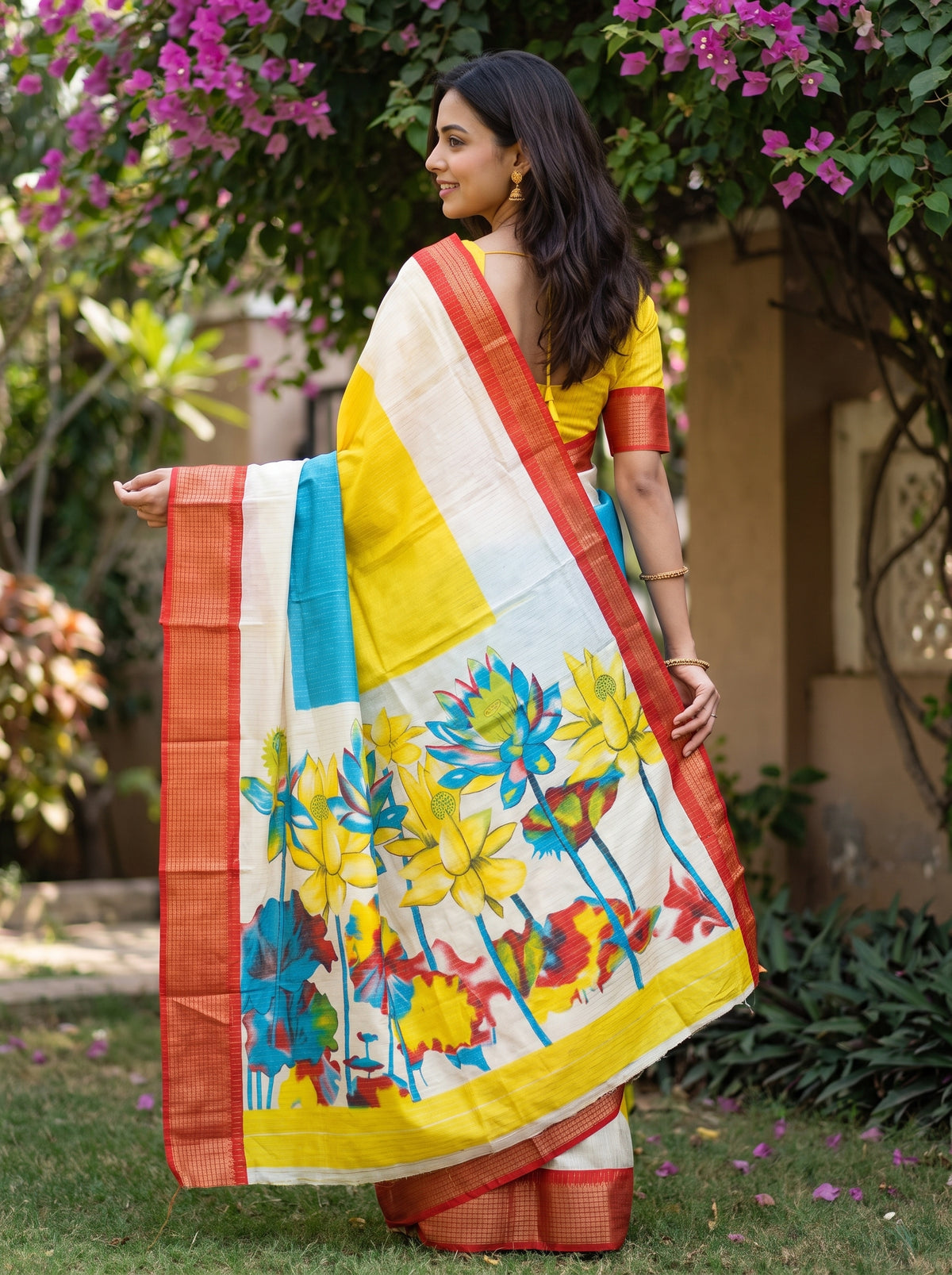 Semi Silk Cream Printed Saree with Yellow Blue Lotus Motif Pallu and Red Border