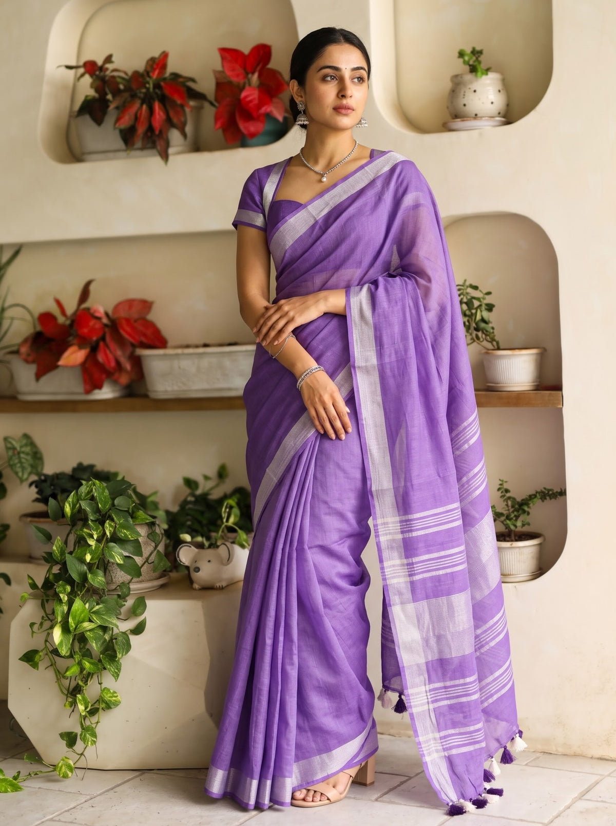Linen Violet Silver Zari Stripe Pallu Saree with Border and Purple White Tassels