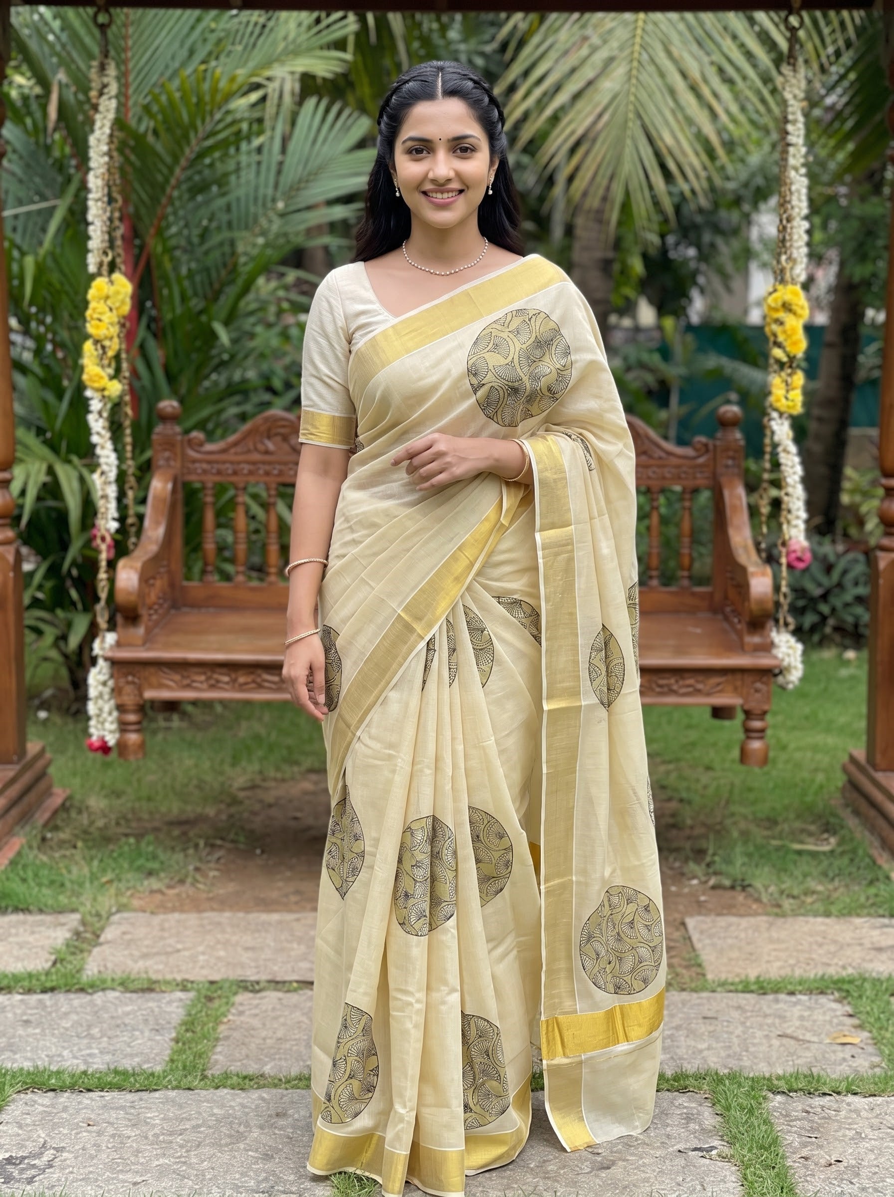 Tissue Cream Gold Circular Ginkgo Leaf Print Onam Special Kerala Saree