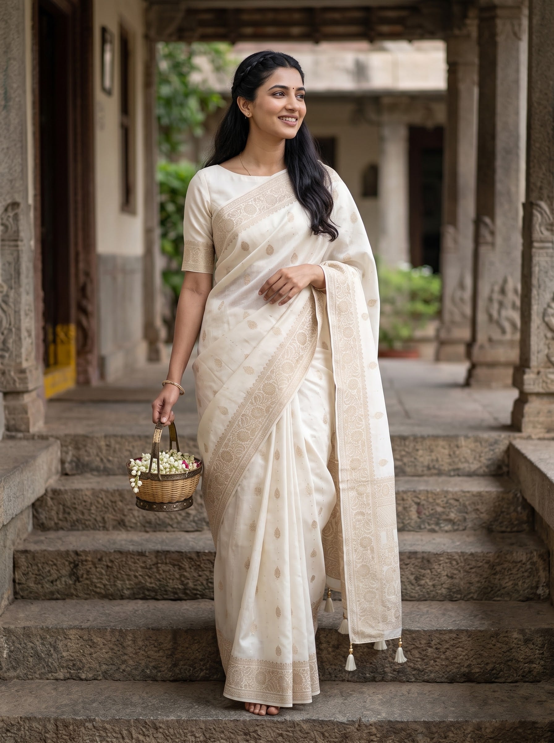 A woman wearing a cream-colored cotton saree with a matching printed blouse stands on stone steps in a traditional courtyard, holding a small basket of flowers.