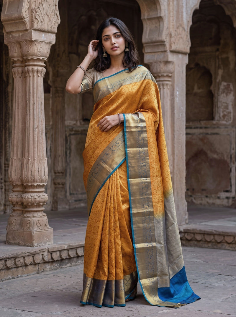 A woman models a golden yellow silk saree with a blue border and a silver zari border, standing in front of a historic stone archway.
