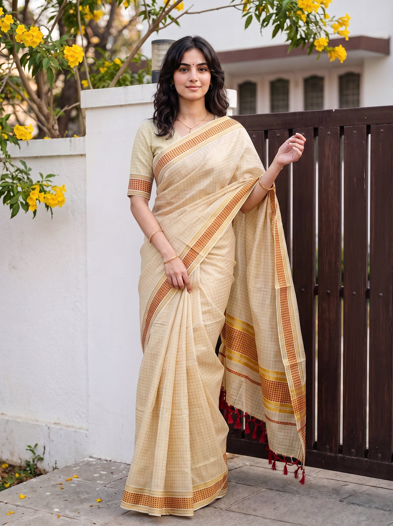 A woman wearing a light beige cotton saree with orange and red patterned borders, standing outdoors in front of a white wall and dark brown wooden fence.