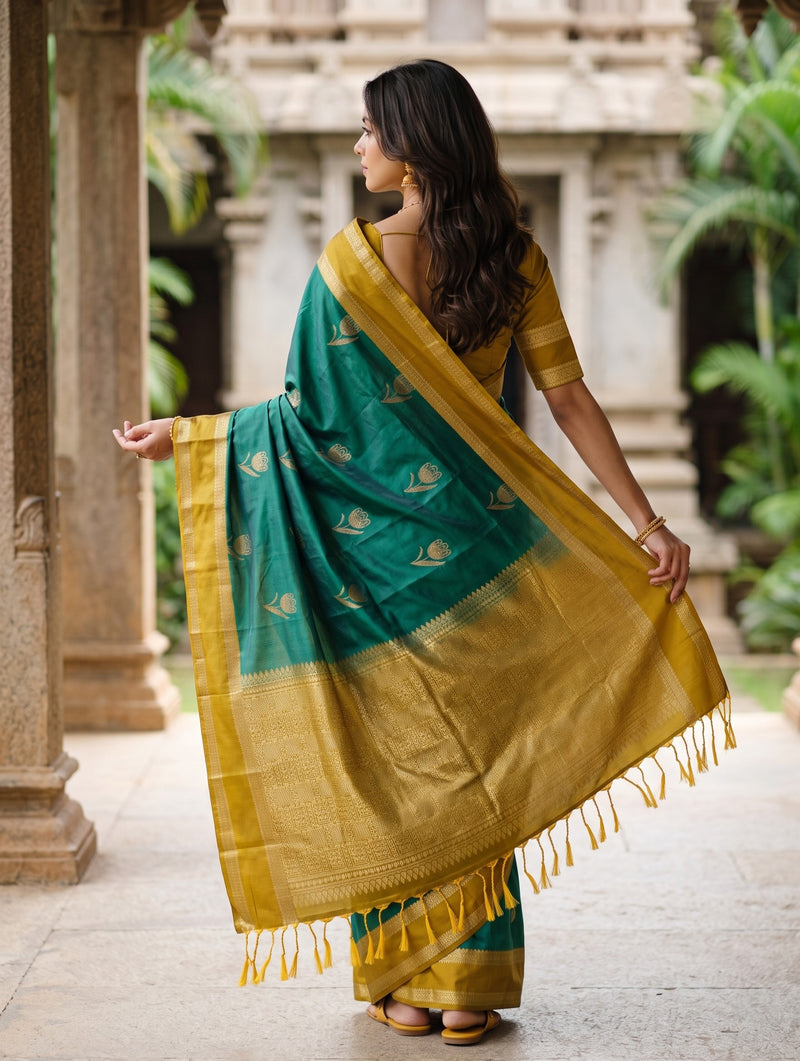 A woman wearing a green and gold saree, photographed from behind in an outdoor courtyard with stone pillars and plants in the background.