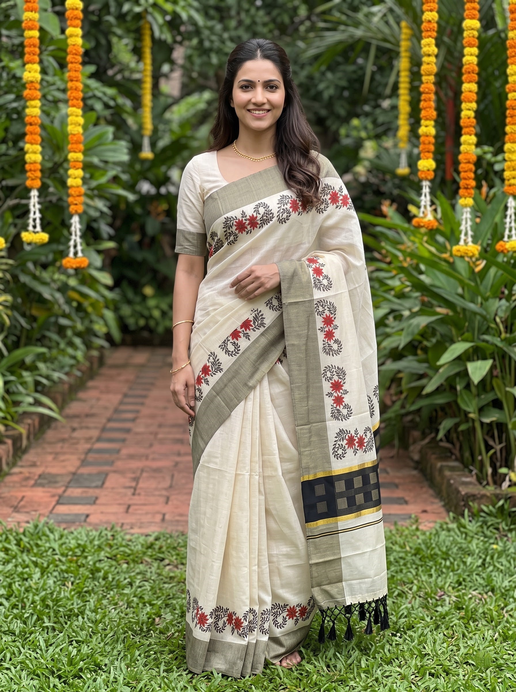 Tissue Cream Golden Border with Red Star Flower Vine Print Onam Special Kerala  Saree