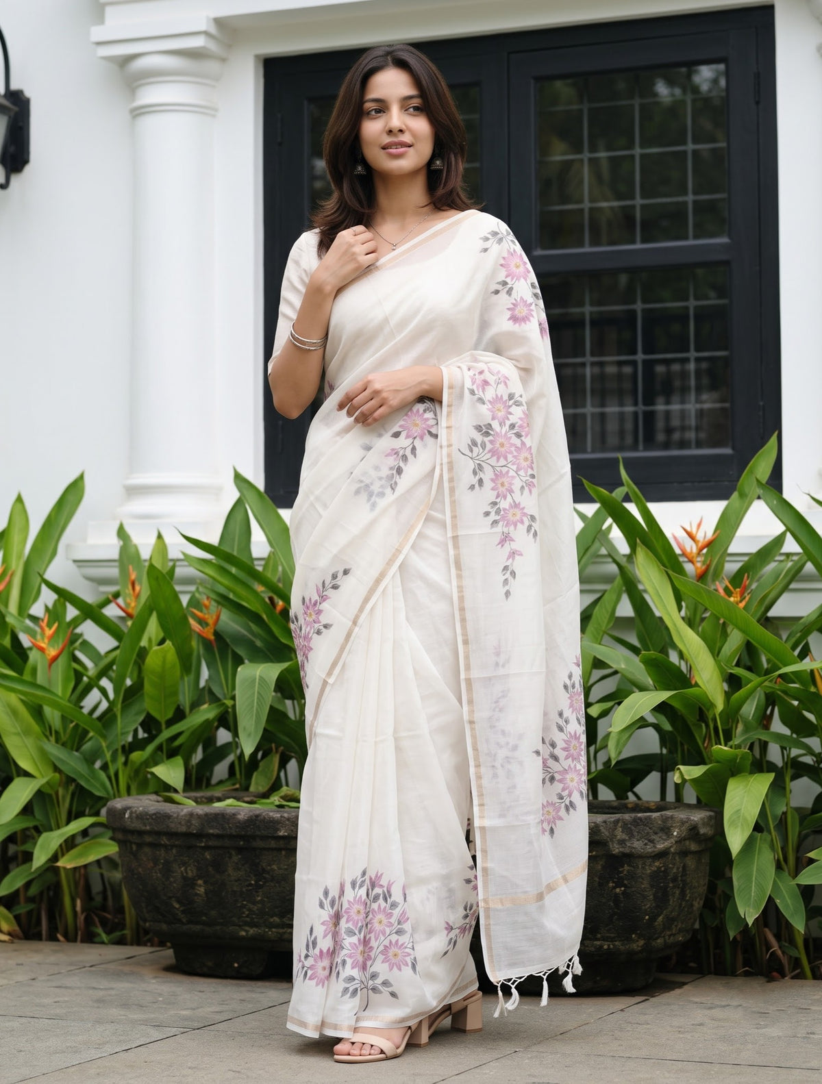 Chanderi Off-White Saree with Hand Painted Pink Floral Print and Golden Zari Border