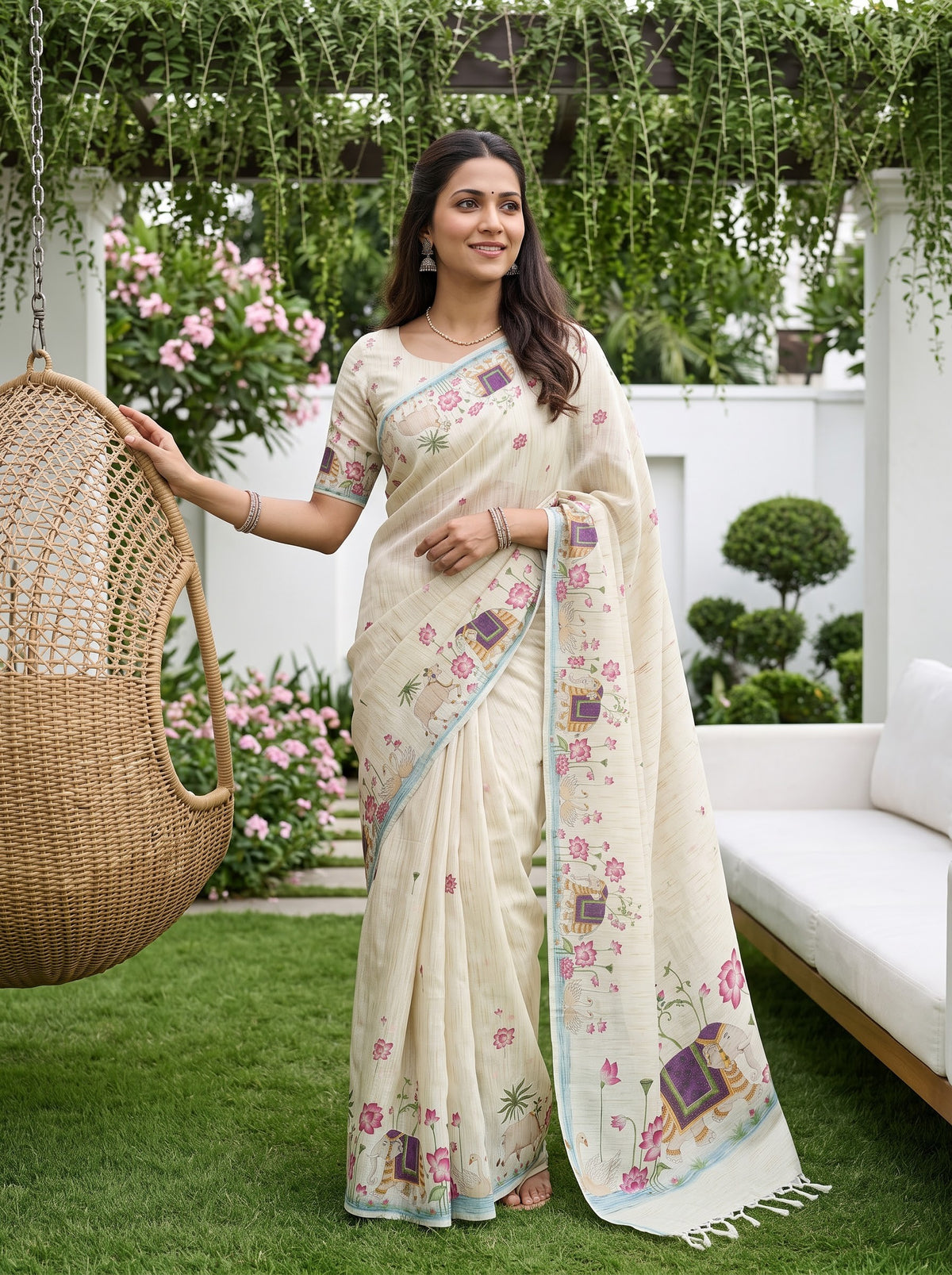 A woman wearing a cream-colored printed saree stands in a garden setting next to a hanging wicker chair. The saree has pink floral patterns and a light blue border, with a matching printed dupatta draped over her shoulder.