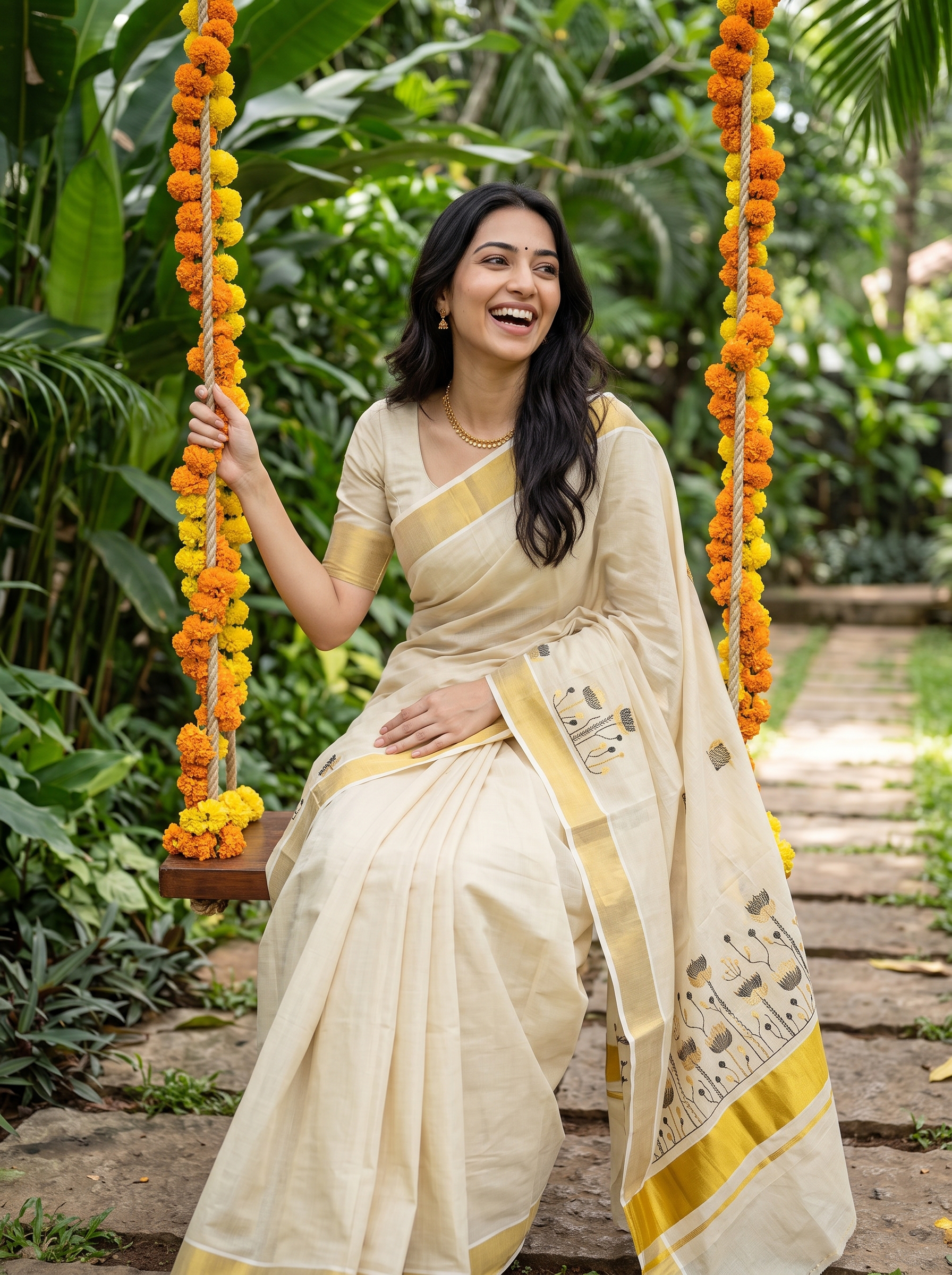 A woman wearing a cream-colored cotton saree with a yellow border and black floral motifs sits on a wooden swing decorated with orange marigold garlands in a lush green garden.