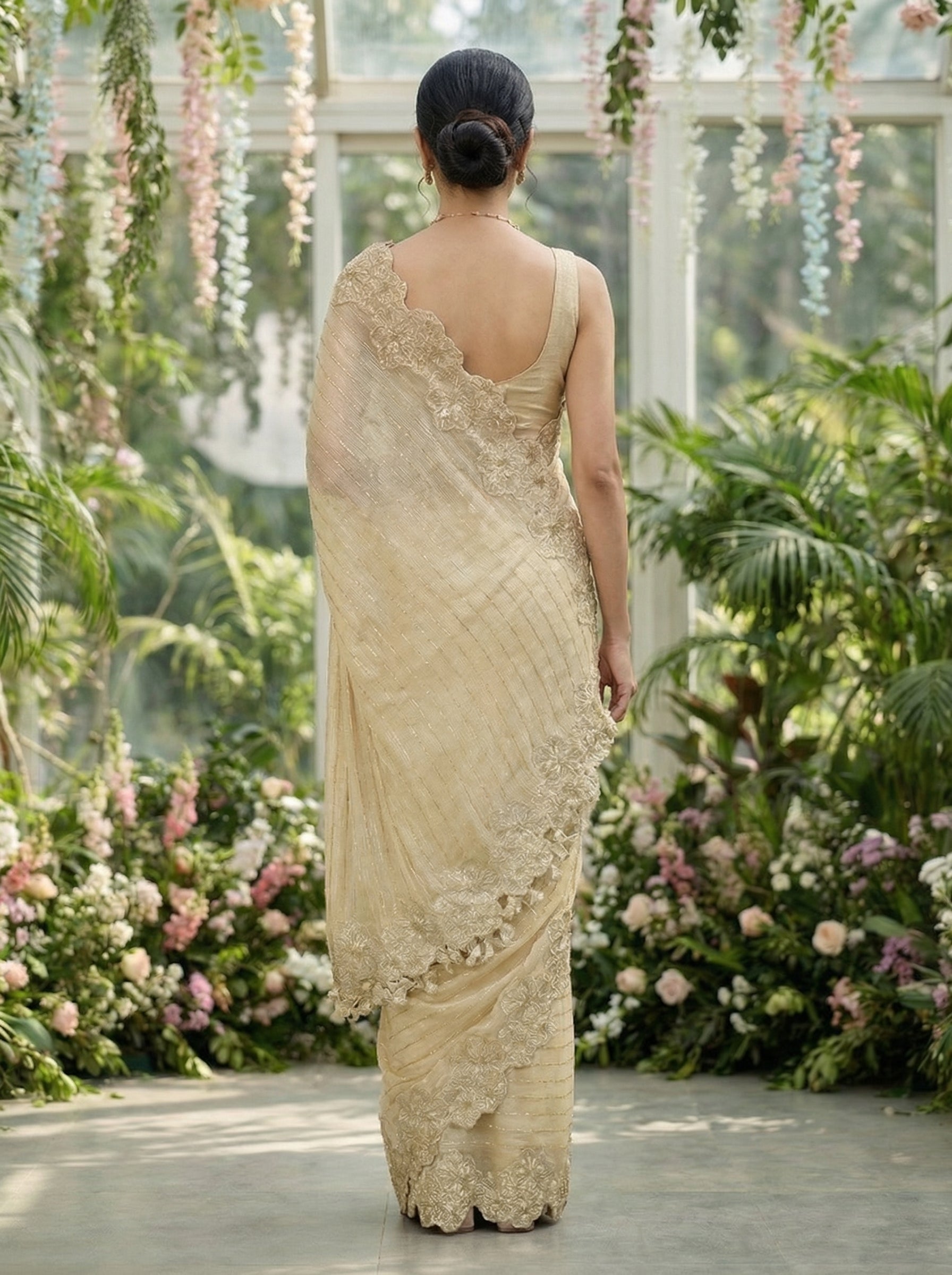 Net Beige Stripe Work Party Wear Hand Embroidery Saree