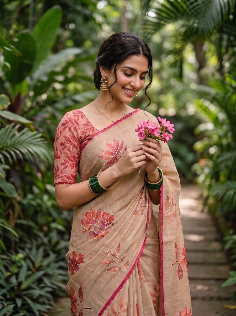 A woman wearing a beige floral saree with pink border details stands in a lush green garden path, holding a small bouquet of pink flowers.