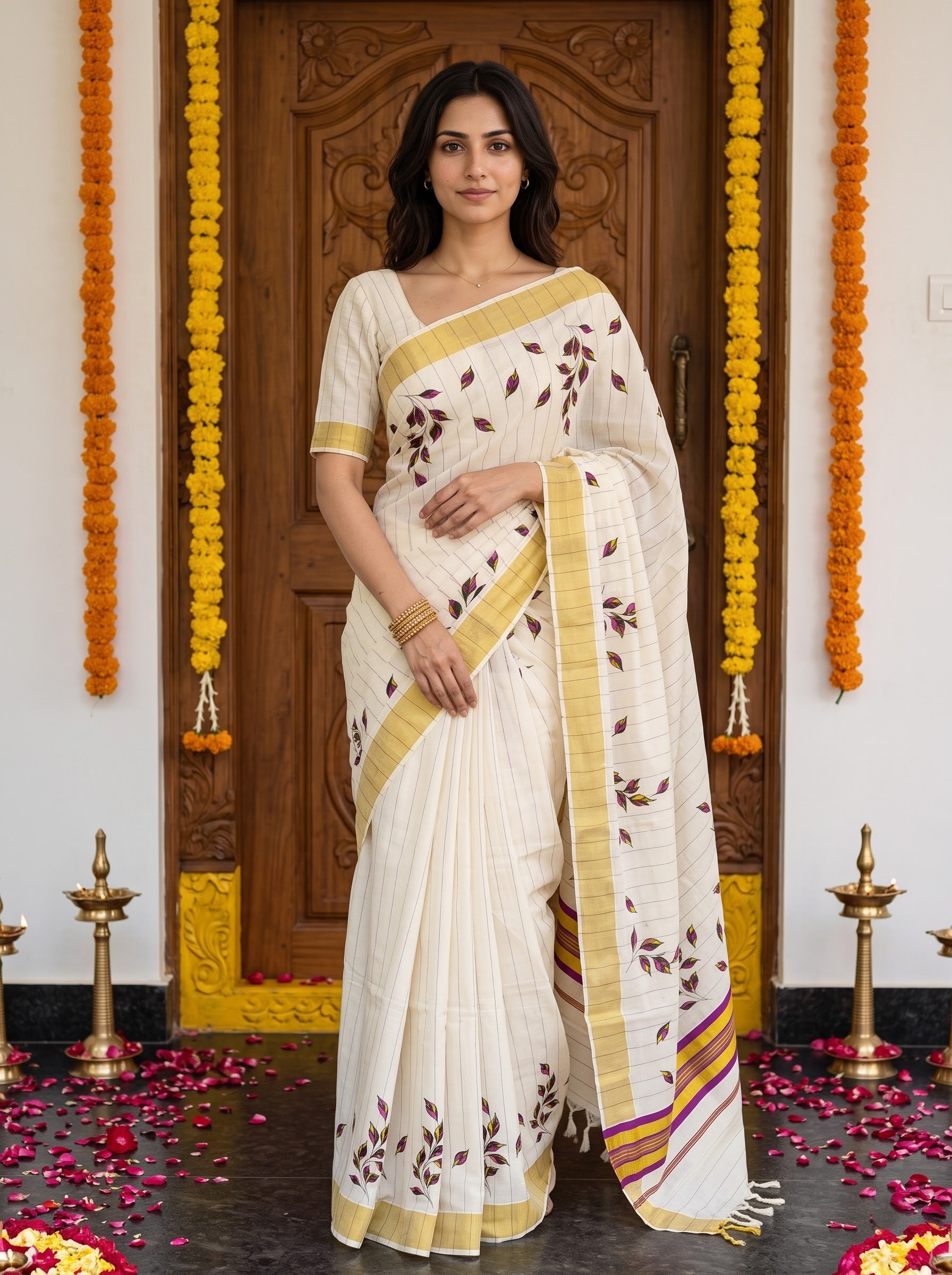Cotton Cream Purple Yellow Leaf Vine Print with Golden Zari Border Onam Special Kerala Saree