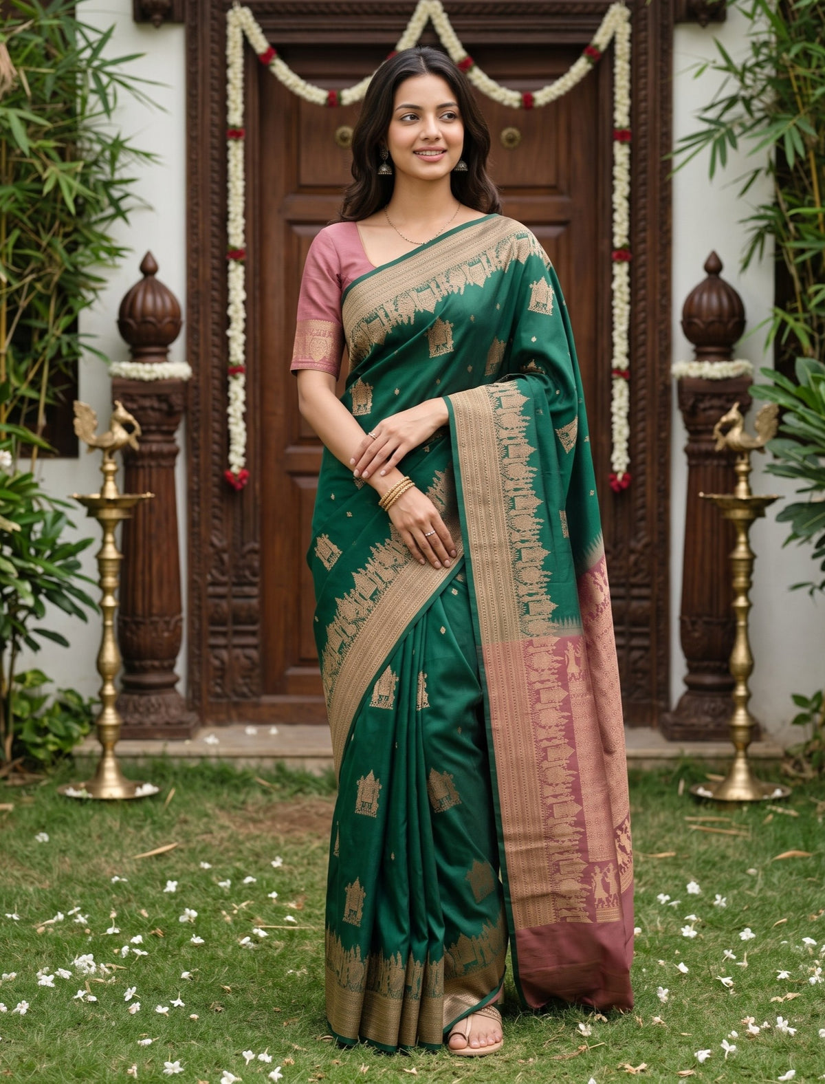 A woman stands outdoors in front of a decorative wooden door wearing a dark green and dusty pink Banarasi silk saree with gold zari motifs.