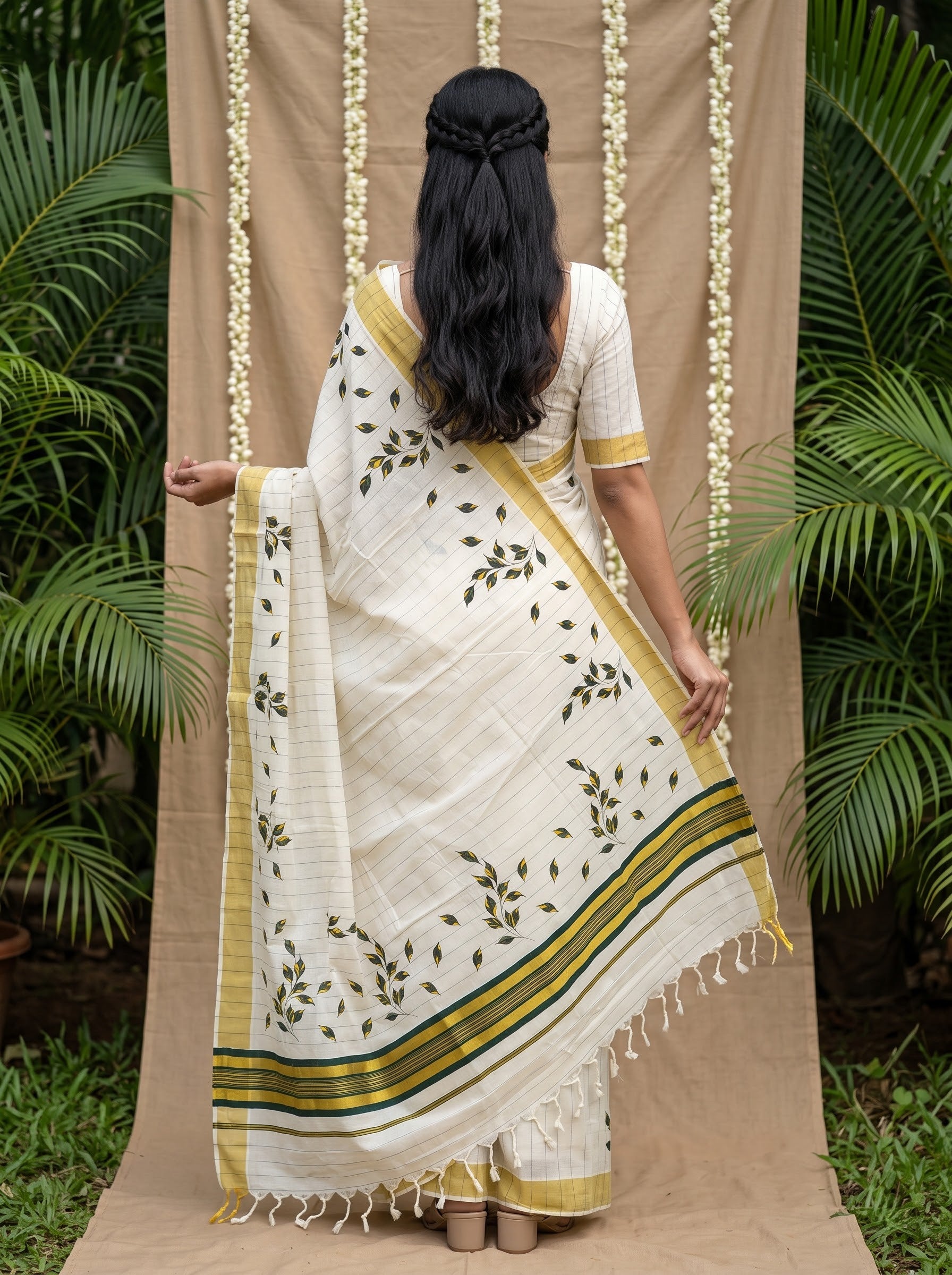 Cotton Cream Green Leaf Vine Print with Golden Zari Border Onam Special Kerala Saree