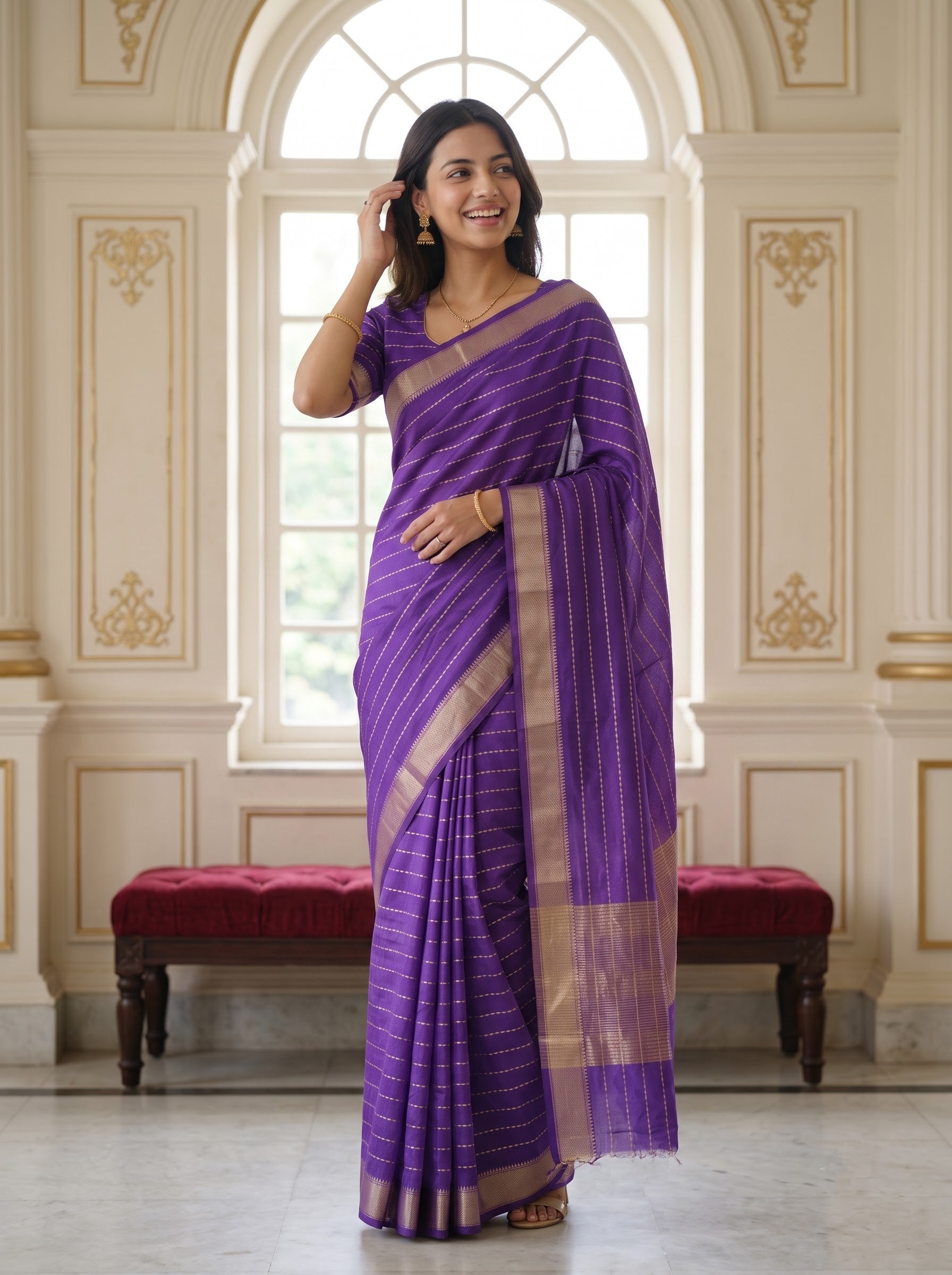 Semi Silk Purple Pinstripe Saree with Golden Zari Woven Pallu
