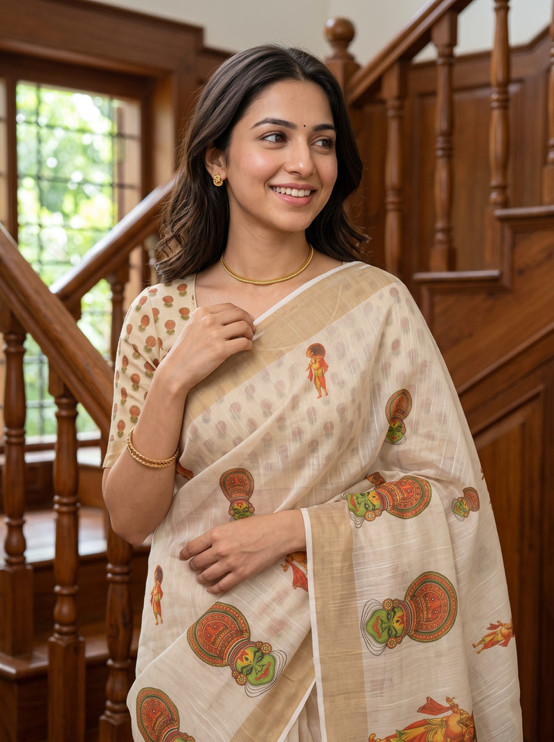 A woman wearing a beige and white silk saree with colorful traditional prints, standing in front of a wooden staircase.