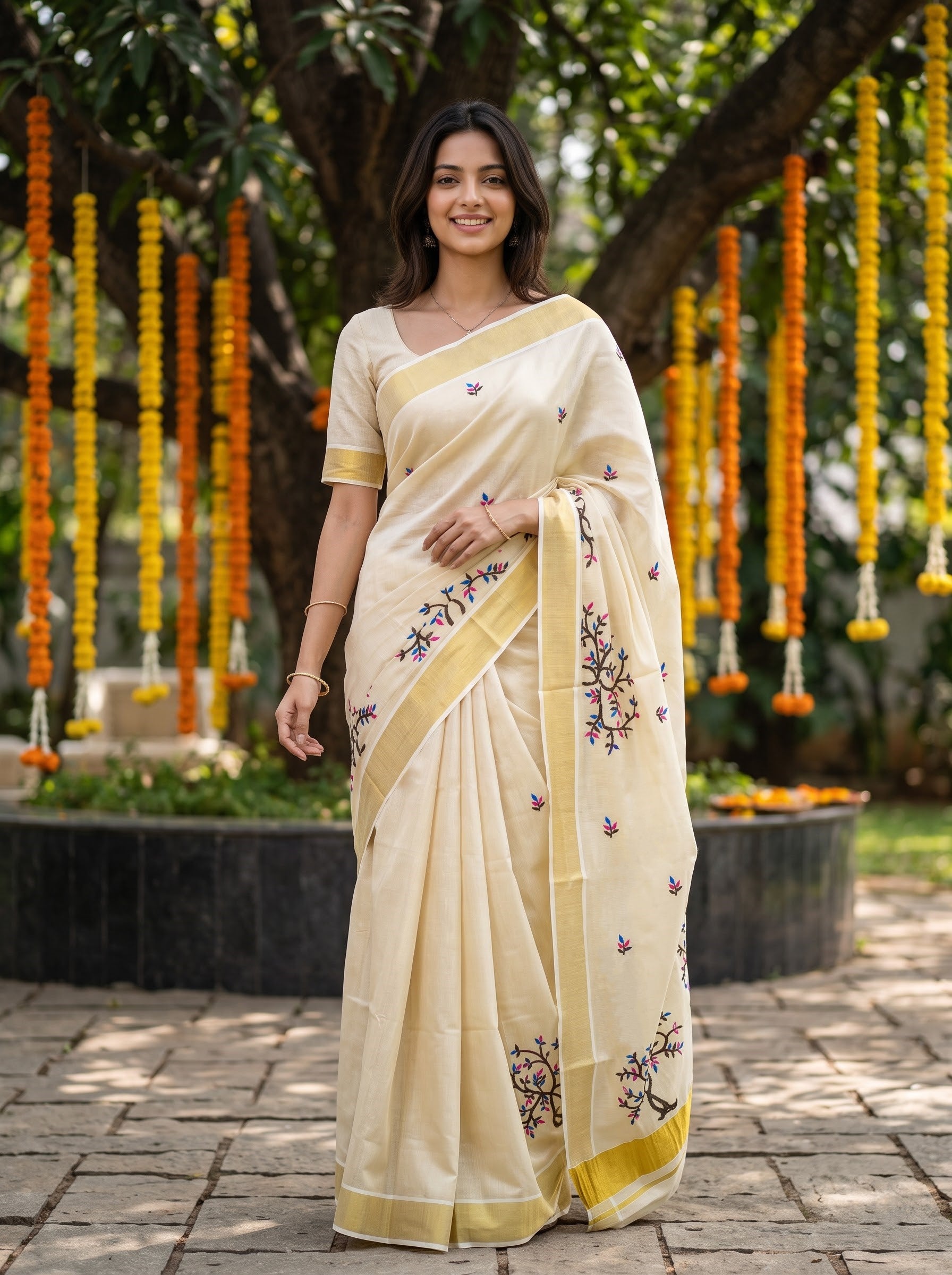 Tissue Cream Multicolor Tree Branch Print Onam Special Kerala Saree