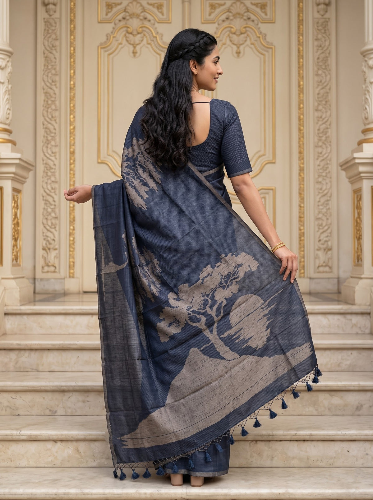 Matka Silk Navy Blue Saree with Woven Sunset Mountain Tree Motif