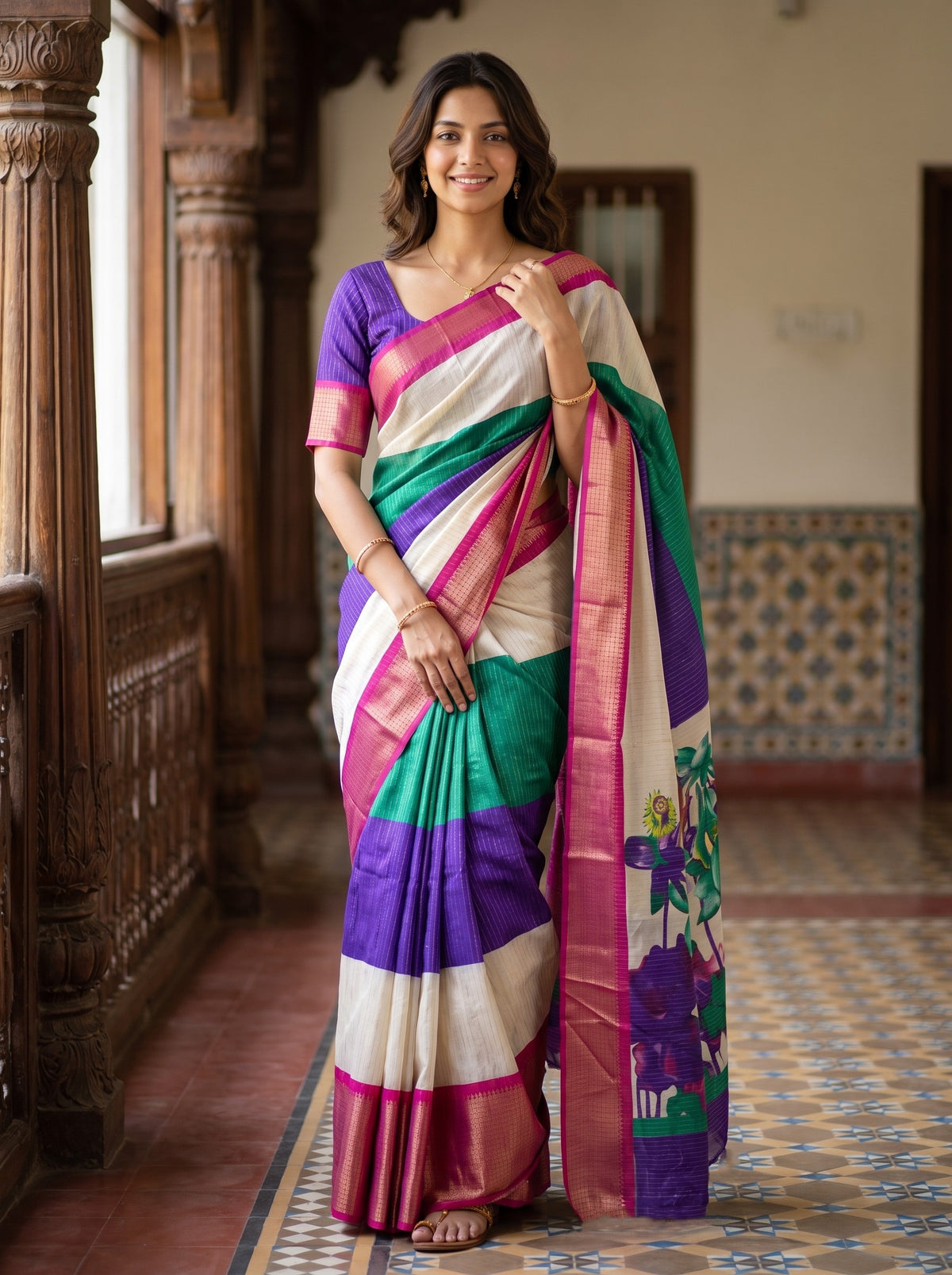 Semi Silk Cream Saree with Lotus Print Pallu and Pink Zari Border