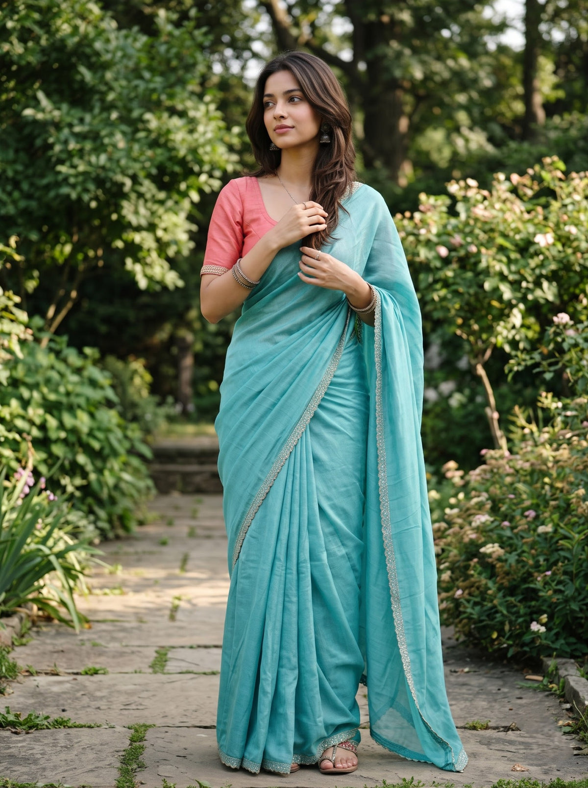 Satin Sea Green Plain Saree with Sequin Scalloped Border and Stone Work Edge