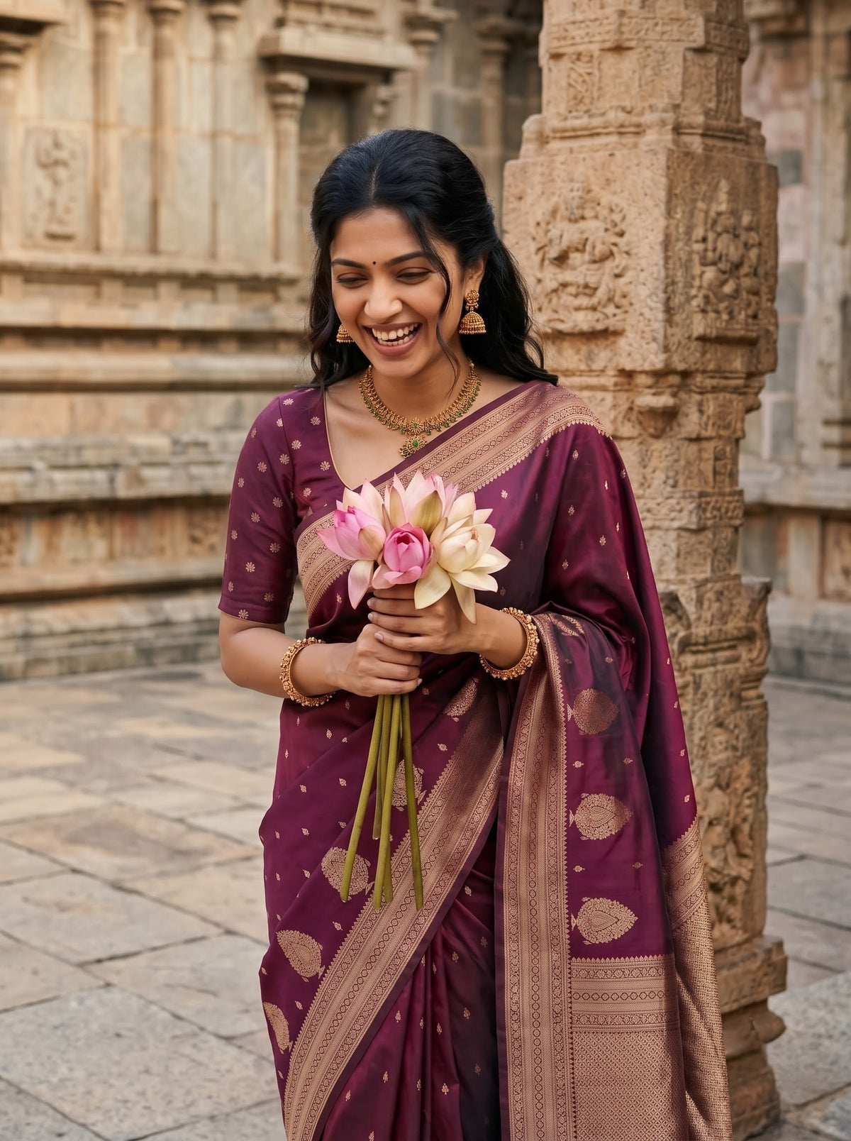 A woman wearing a deep purple and beige saree stands in front of a stone pillar, holding a bouquet of pink lotus flowers.