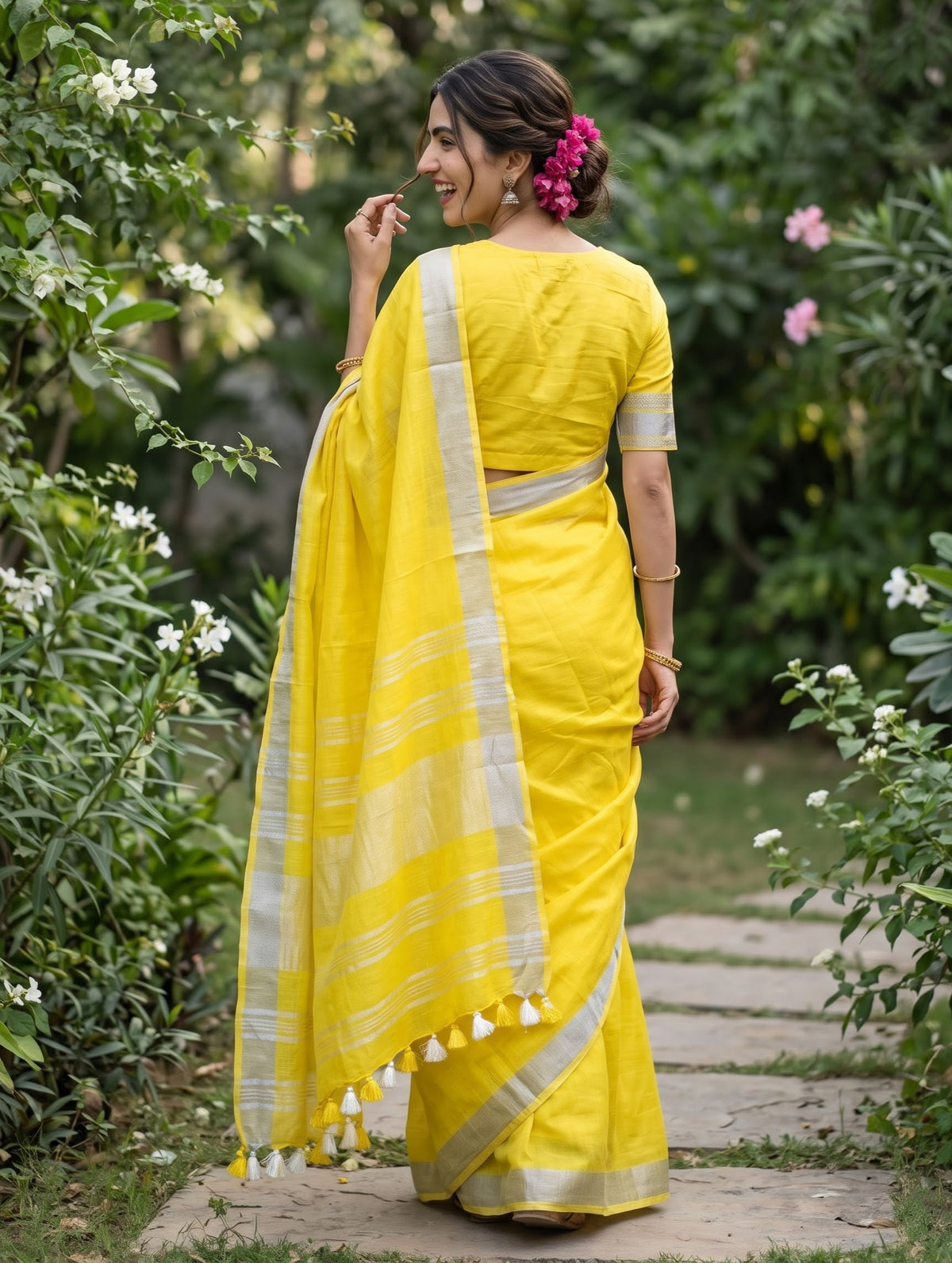 Linen Lemon Yellow Plain Body Saree with Broad Silver Zari Pallu and Tassels