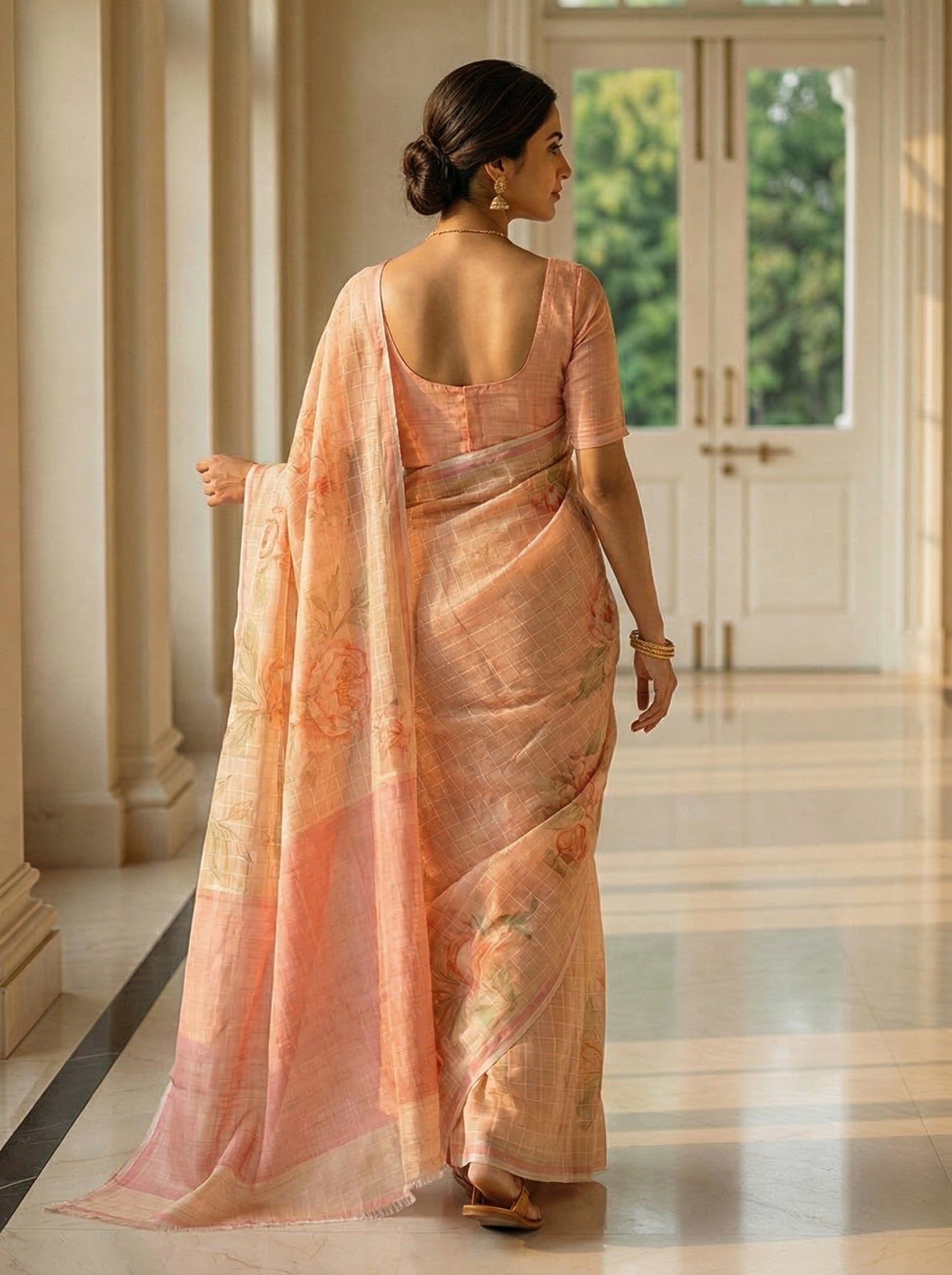 Linen Peach Pink Floral Printed Checked Saree