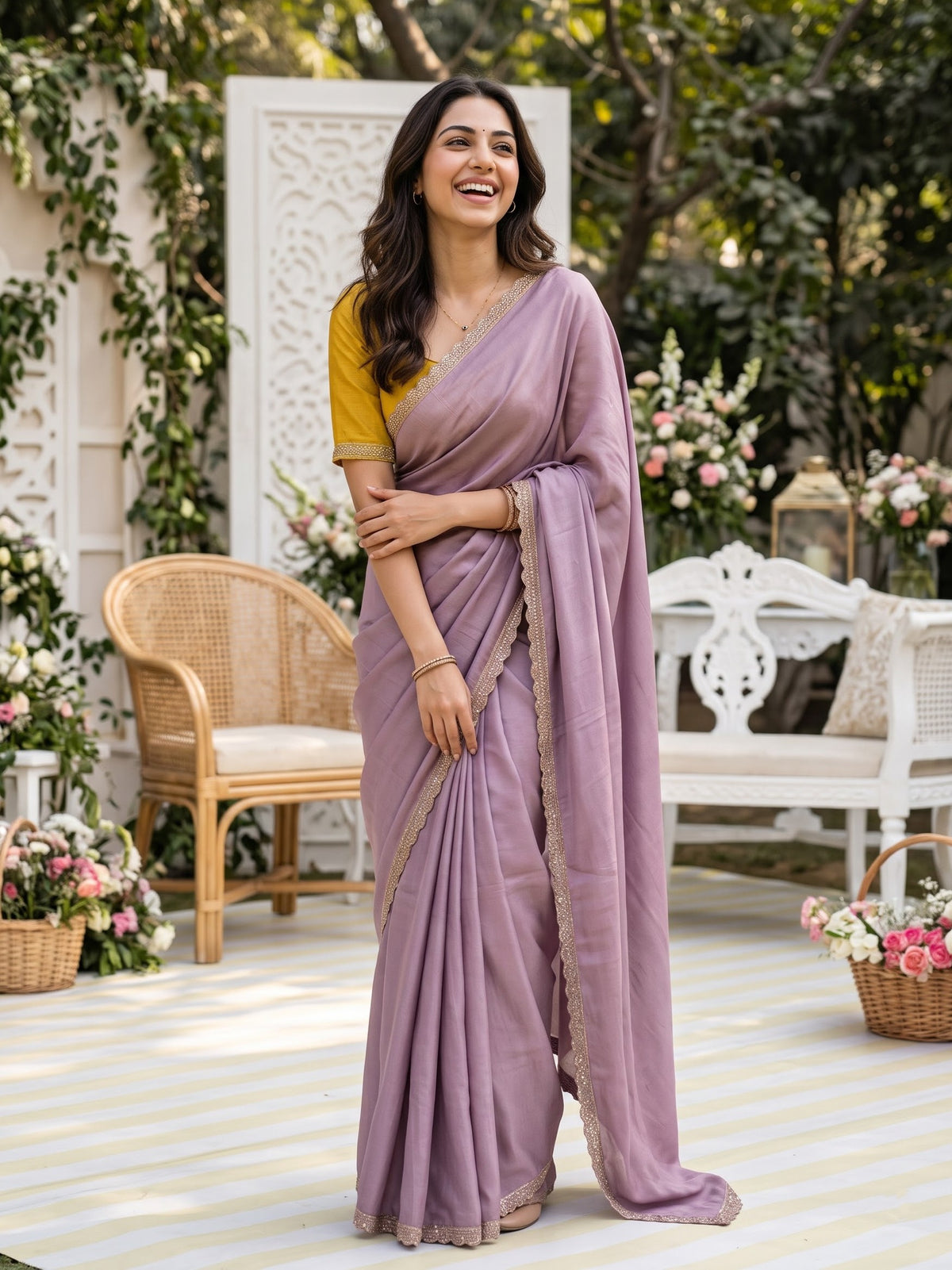 Satin Dusty Mauve Solid Saree with Glitter Sequin Cutwork Border