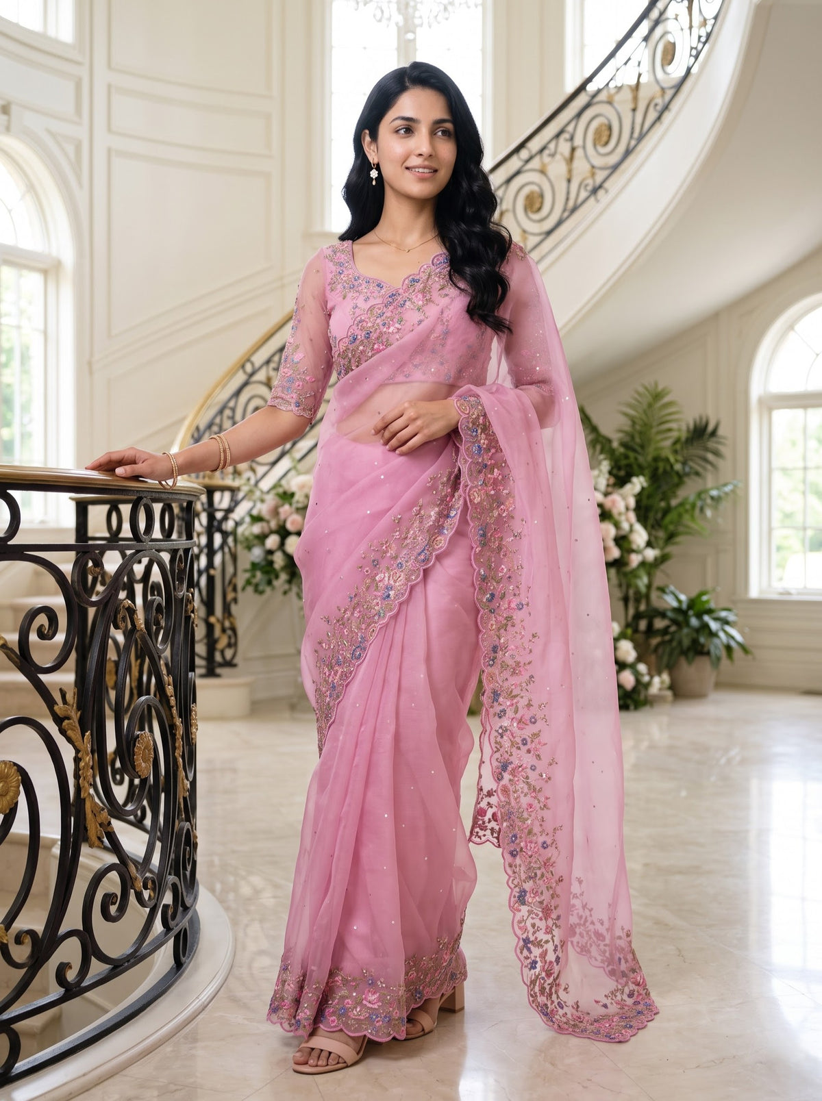 Organza Pink Multicolor Floral Embroidered Scalloped Border Saree with Sequin Work