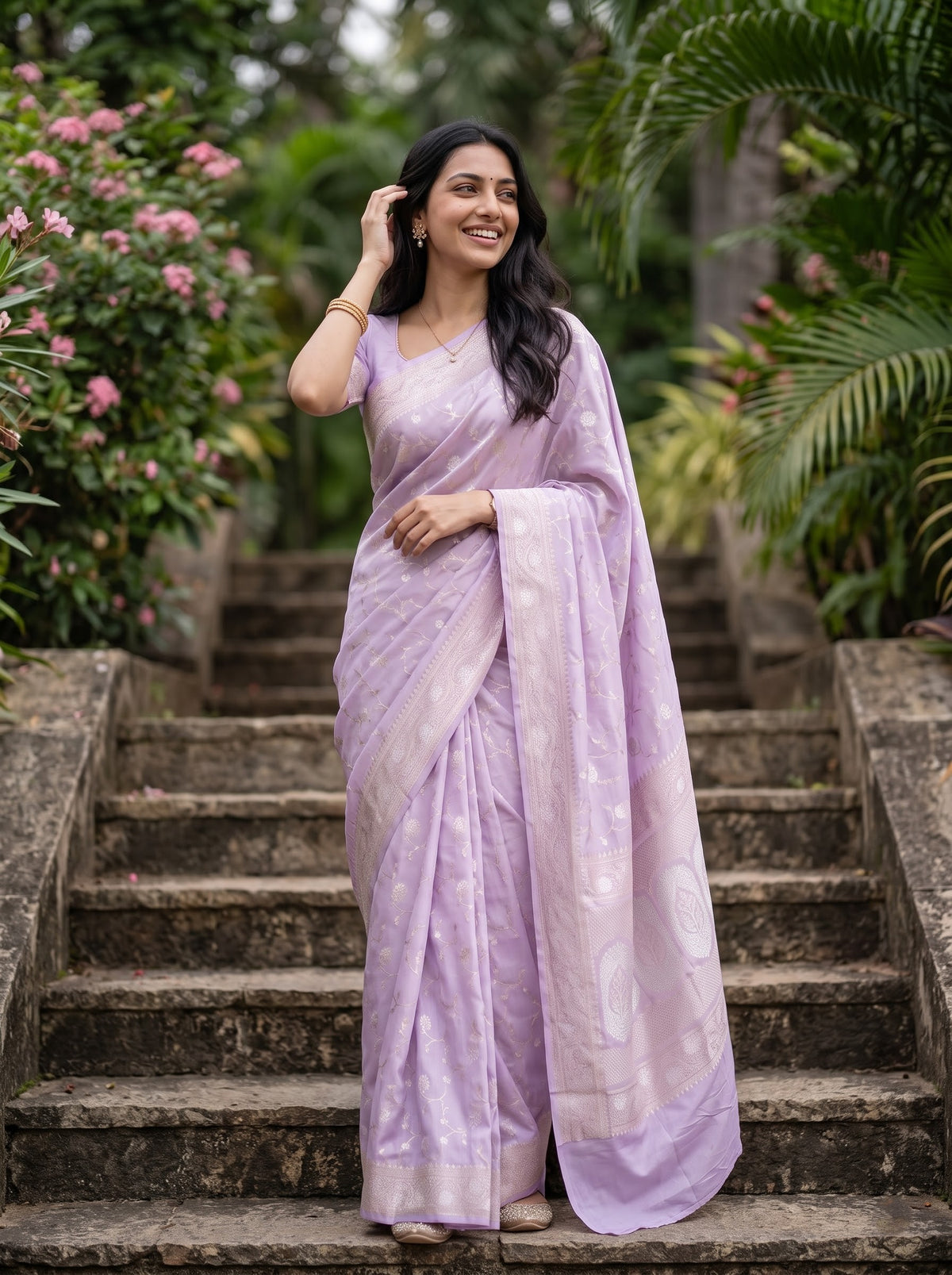 A woman wearing a light lavender purple saree with subtle metallic motifs, standing on stone stairs in a lush garden setting.
