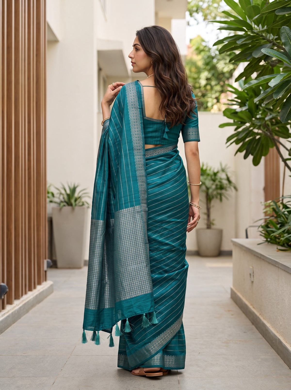 Matka Silk Peacock Green Silver Striped Dense Zari Motif