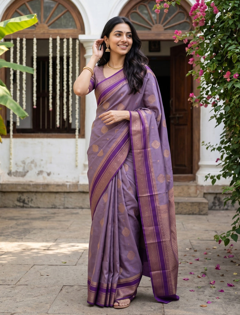 A woman wearing a lavender purple silk saree with gold zari motifs and borders, standing in a courtyard with a white building and greenery in the background.