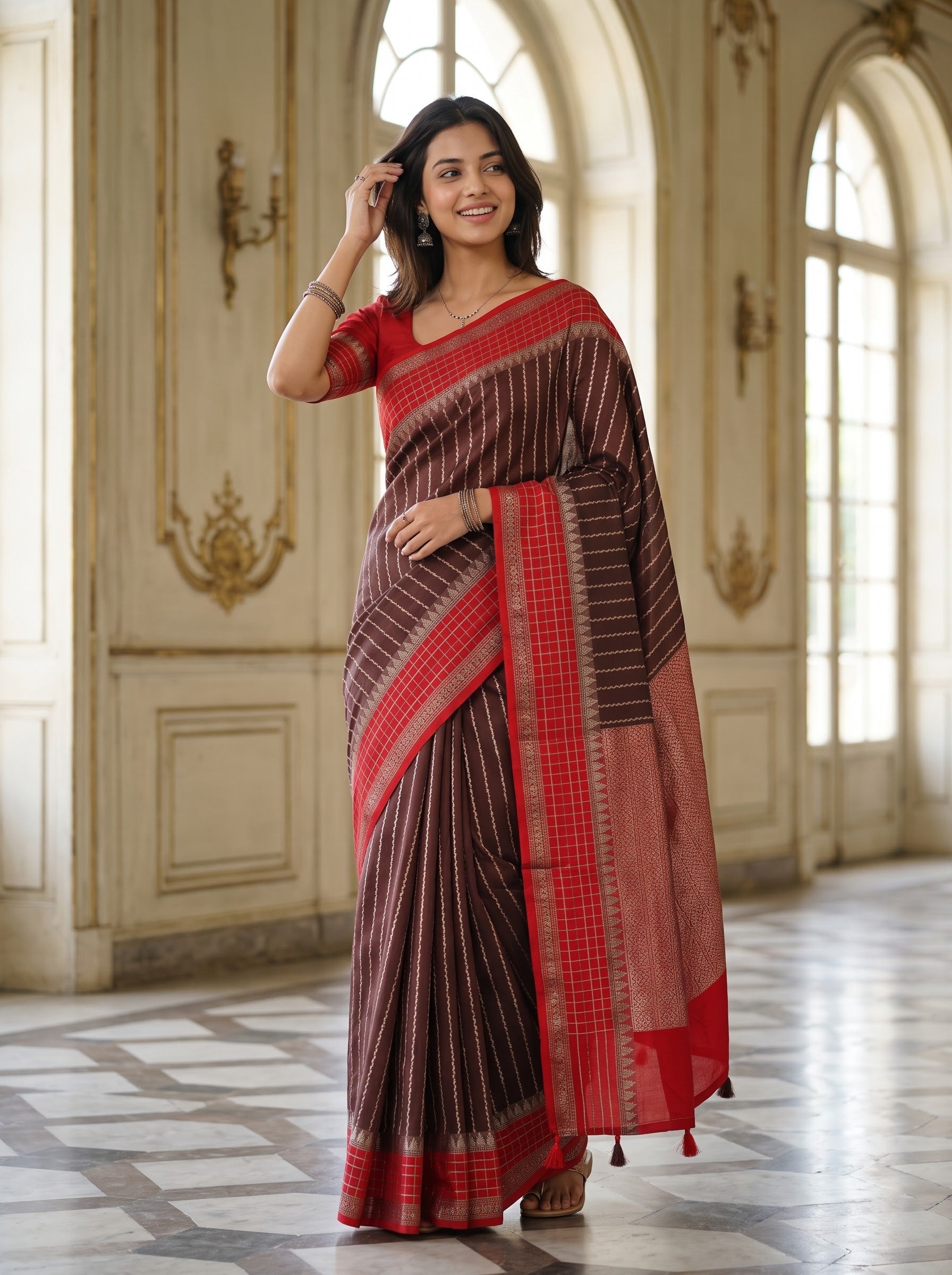 Semi Silk Maroon Saree with Red Temple Border and Zari Woven Pallu