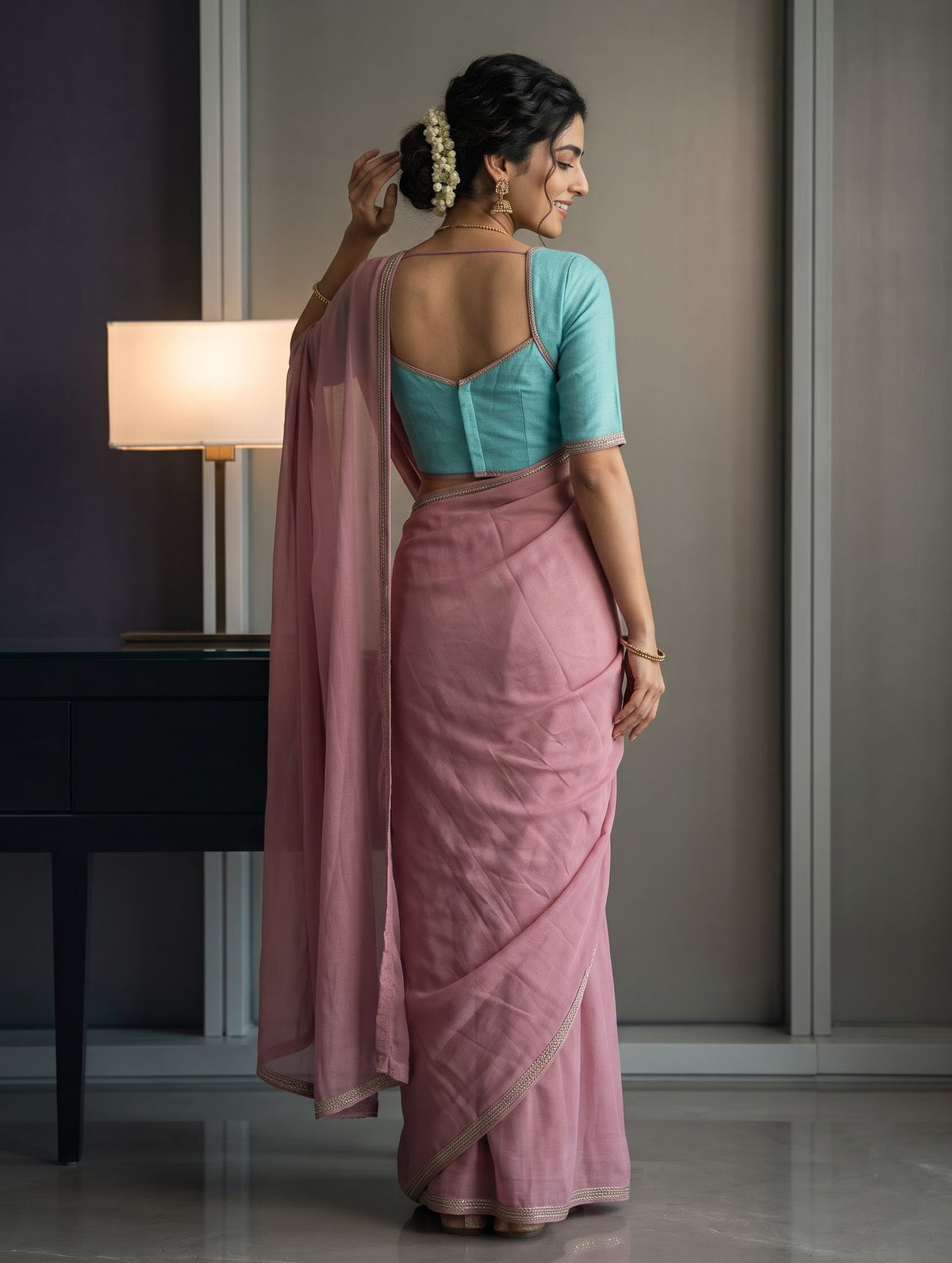Satin Dusty Pink Plain Saree with Sequin Scalloped Border