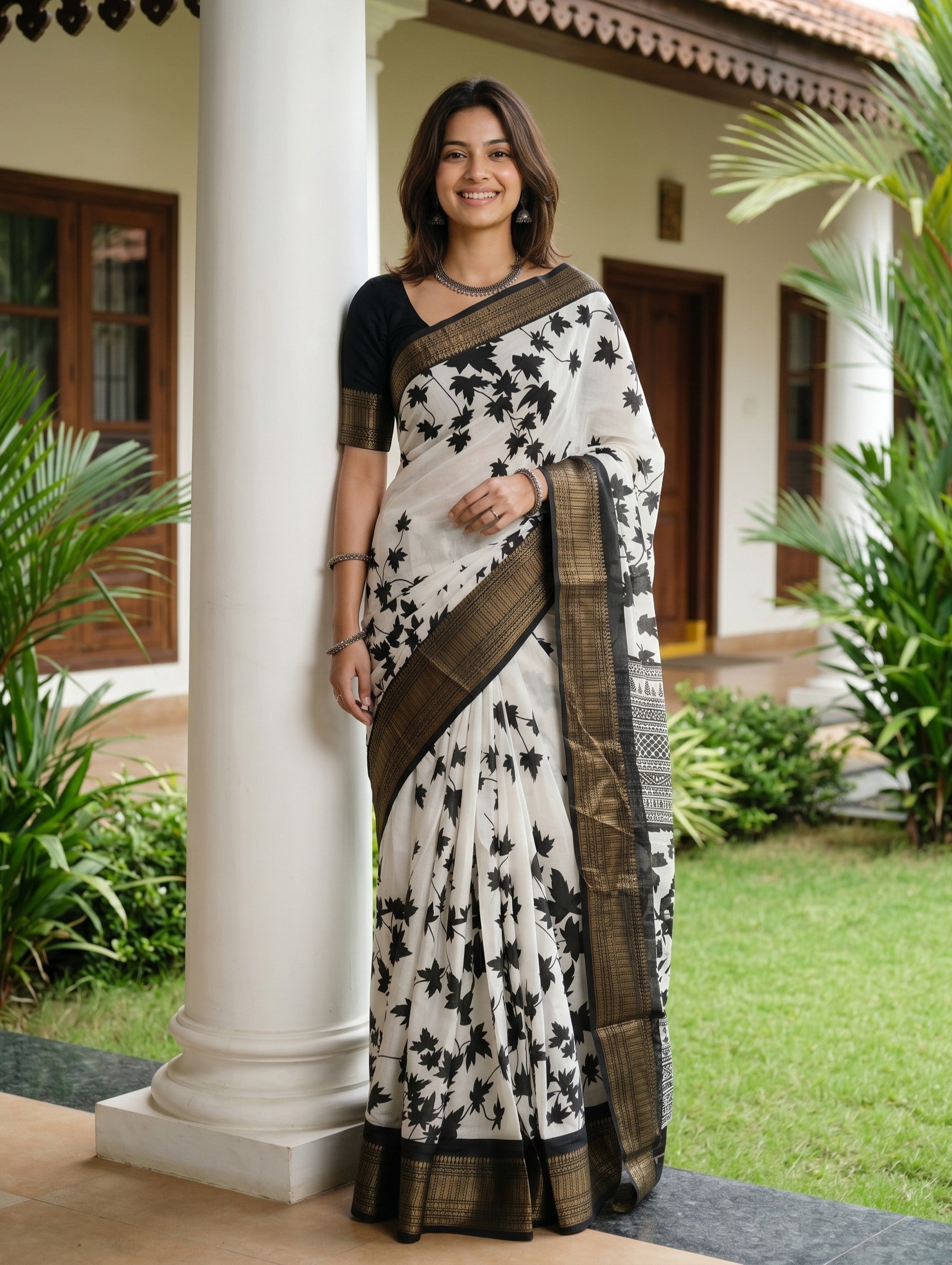 Woman in a white saree with black patterns standing outdoors.