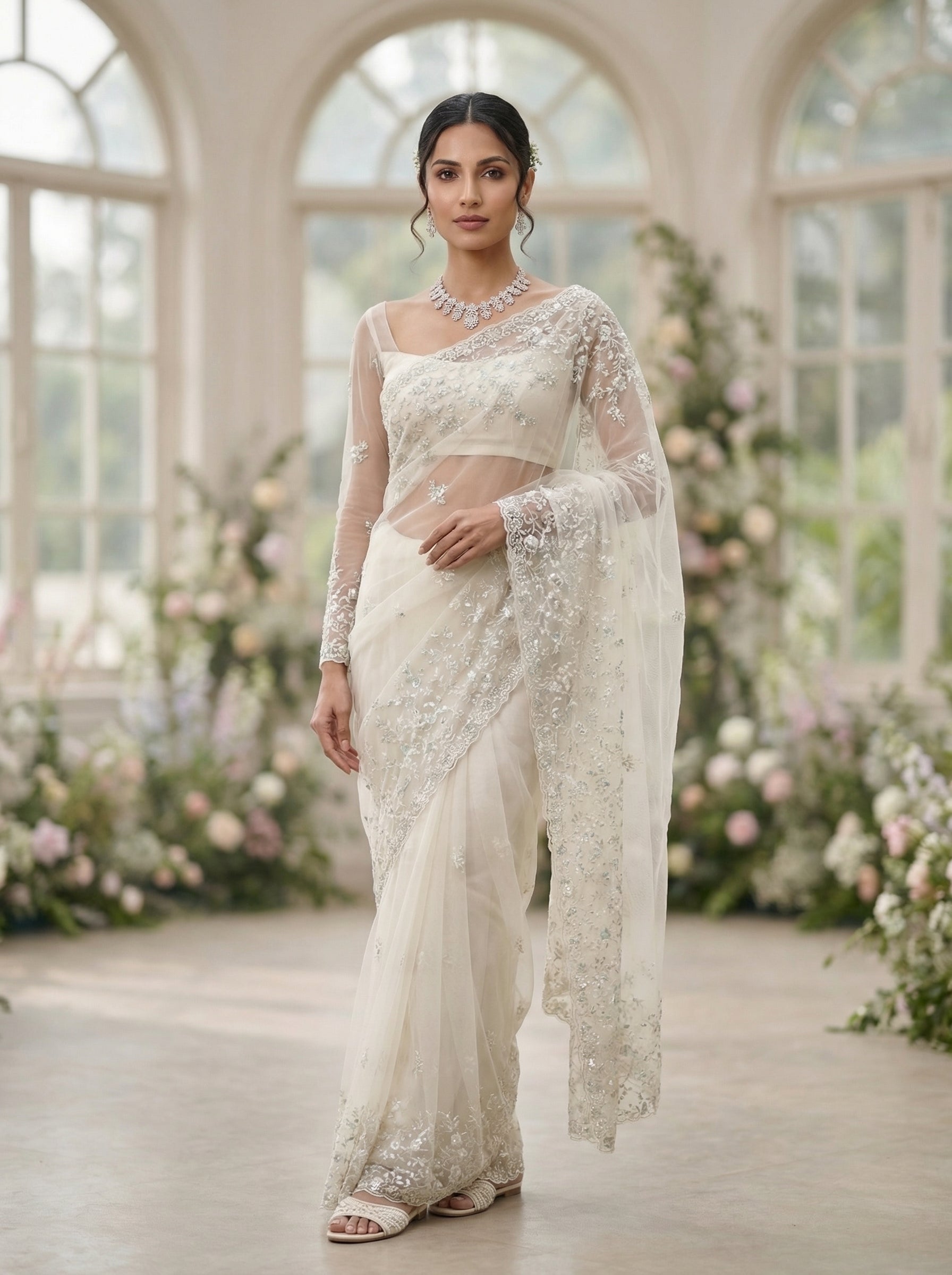 Woman in a white embroidered saree standing in a decorated indoor setting with flowers.