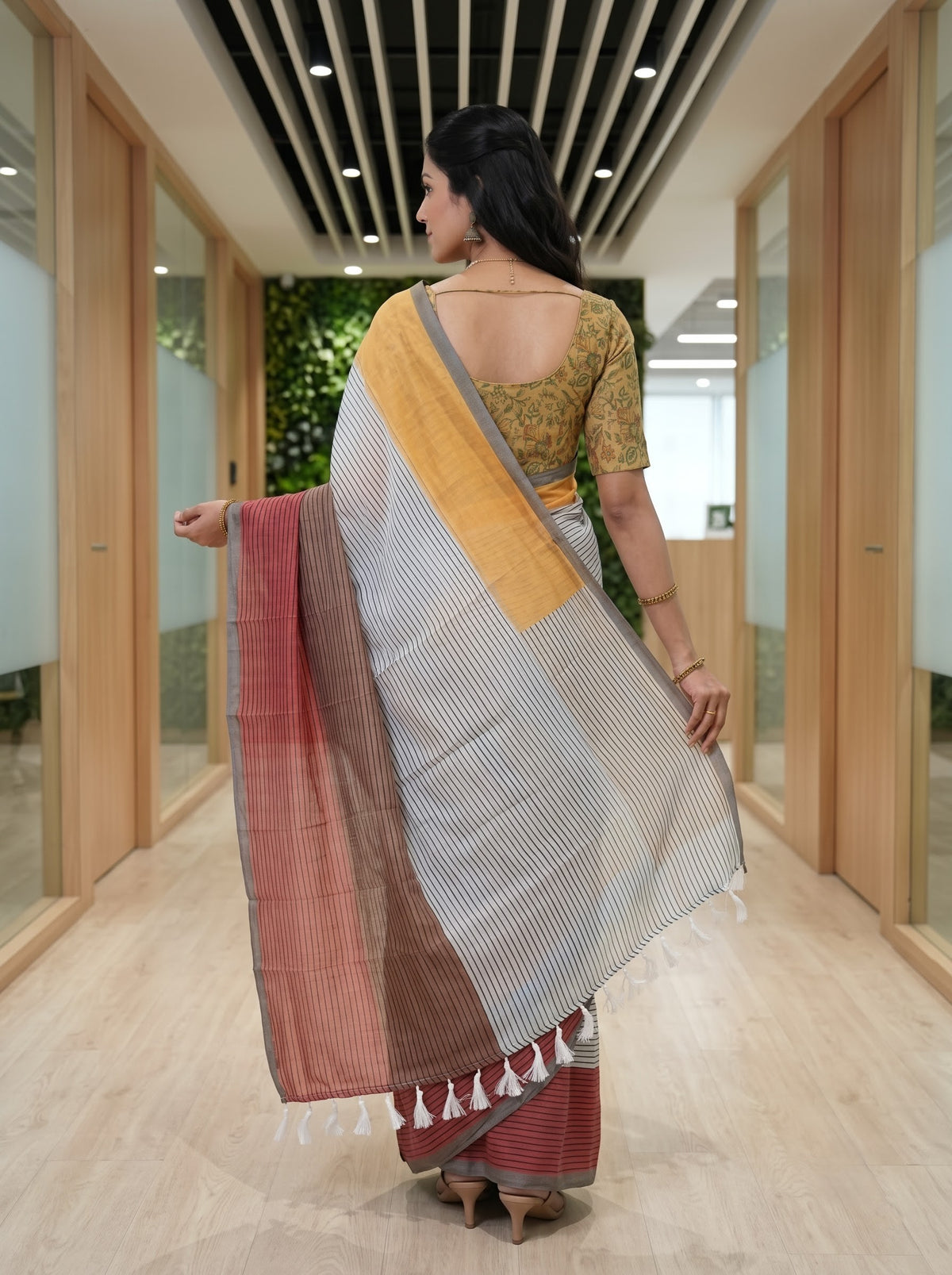 Cotton Rust-Grey Striped Saree with Solid Mustard Pallu