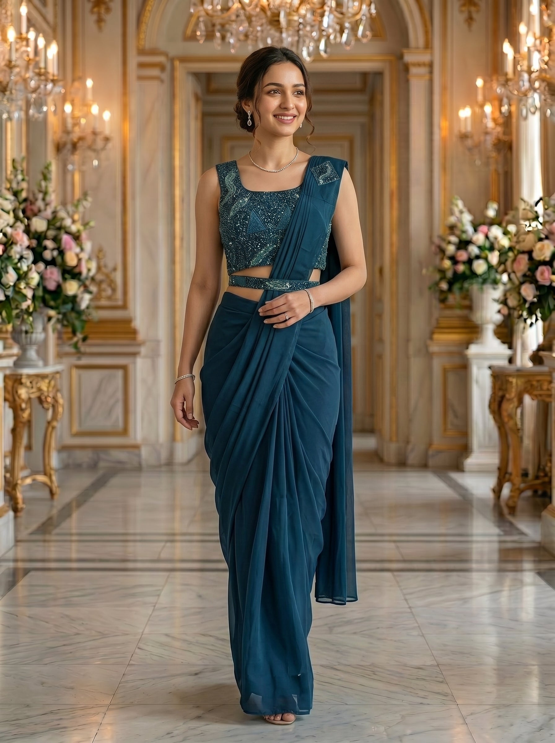 Satin Organza Teal Blue Ready-to-Wear Designer Saree with Sequins Embellished Blouse