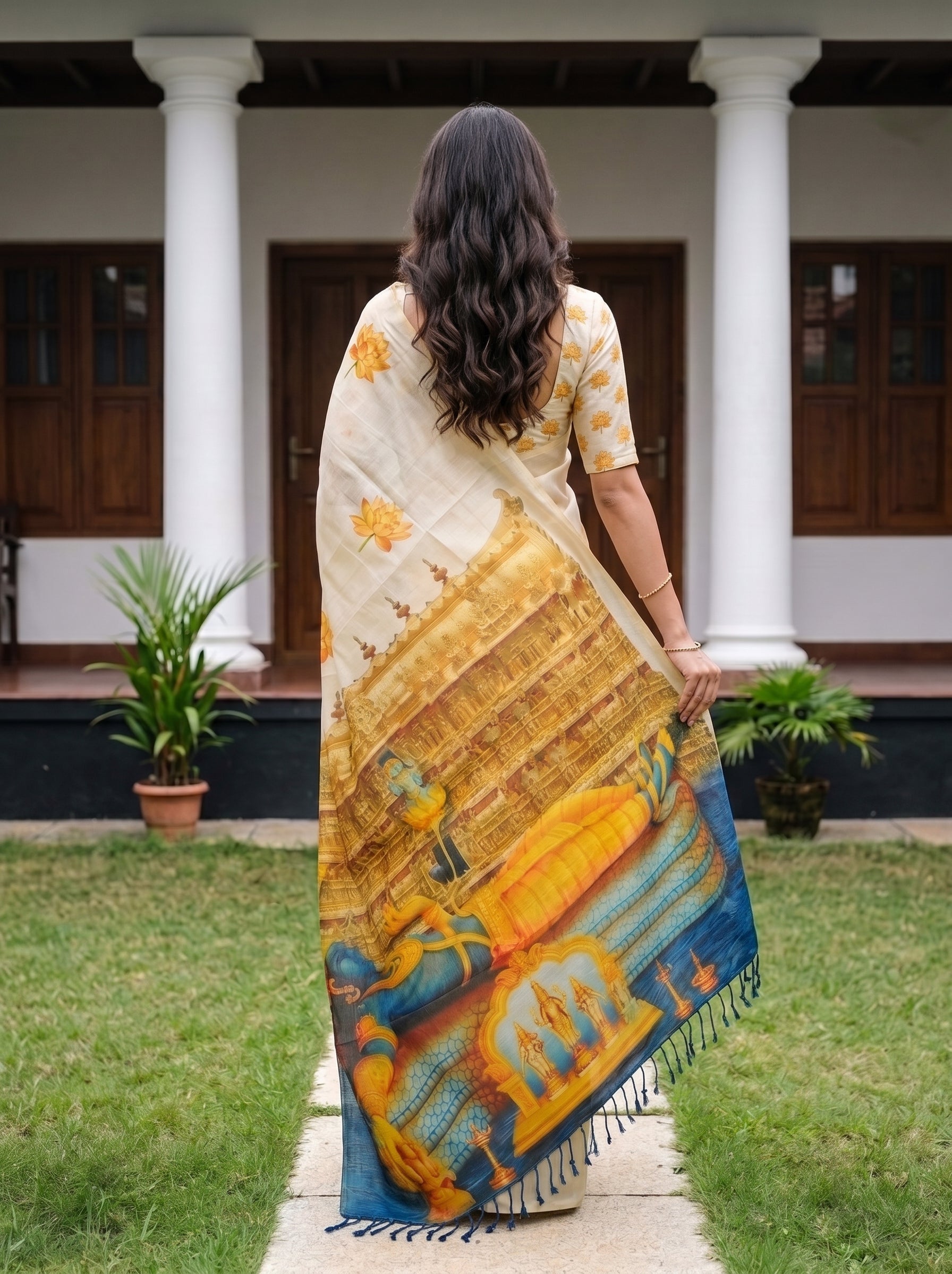 A woman viewed from behind wearing a cream-colored saree with a large golden-yellow and blue traditional print, standing on a stone path in front of a white colonial-style building with columns.