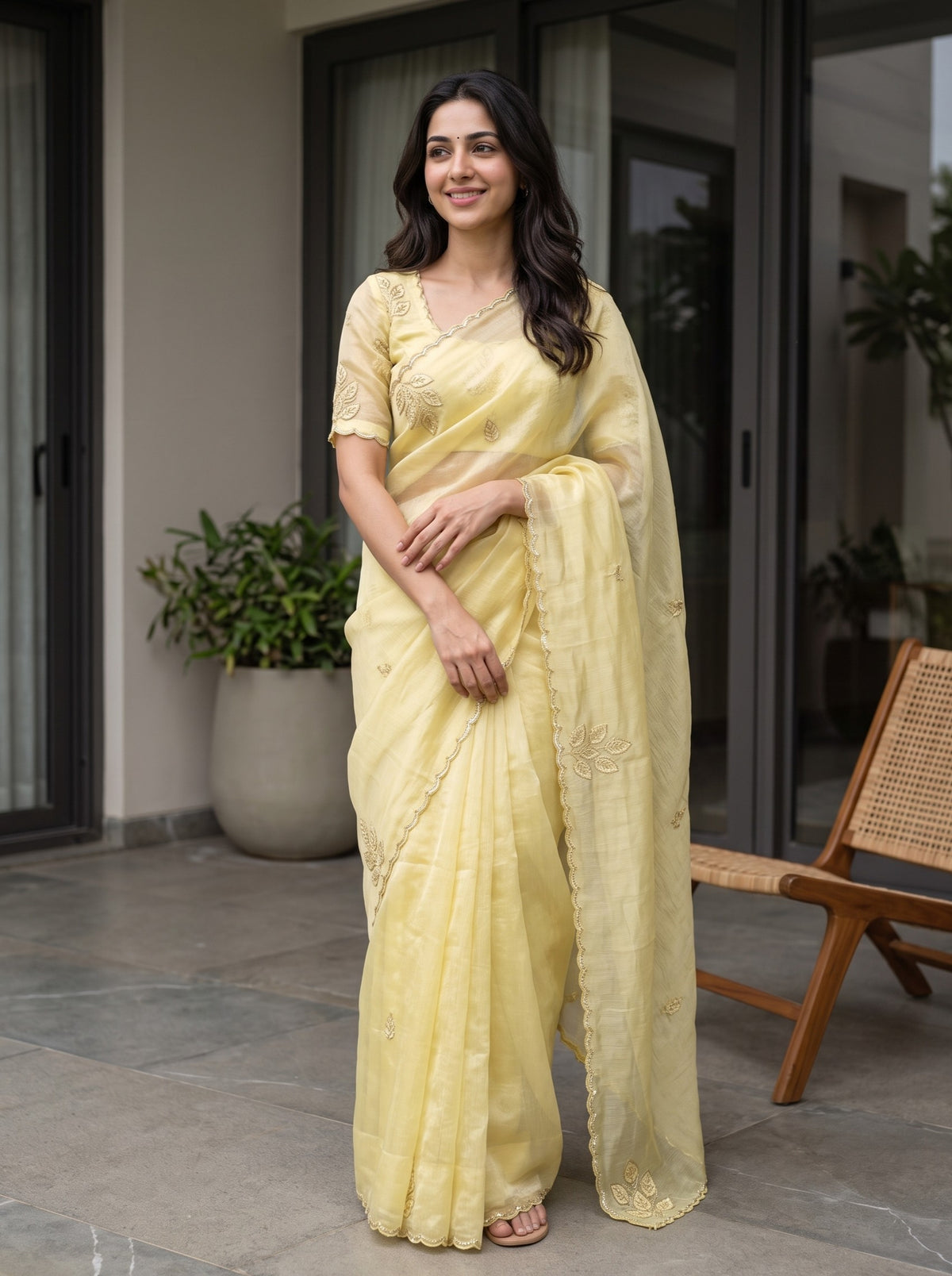 Organza Lemon Yellow Golden Bead Leaf Butta Zari Work Scalloped Border Saree